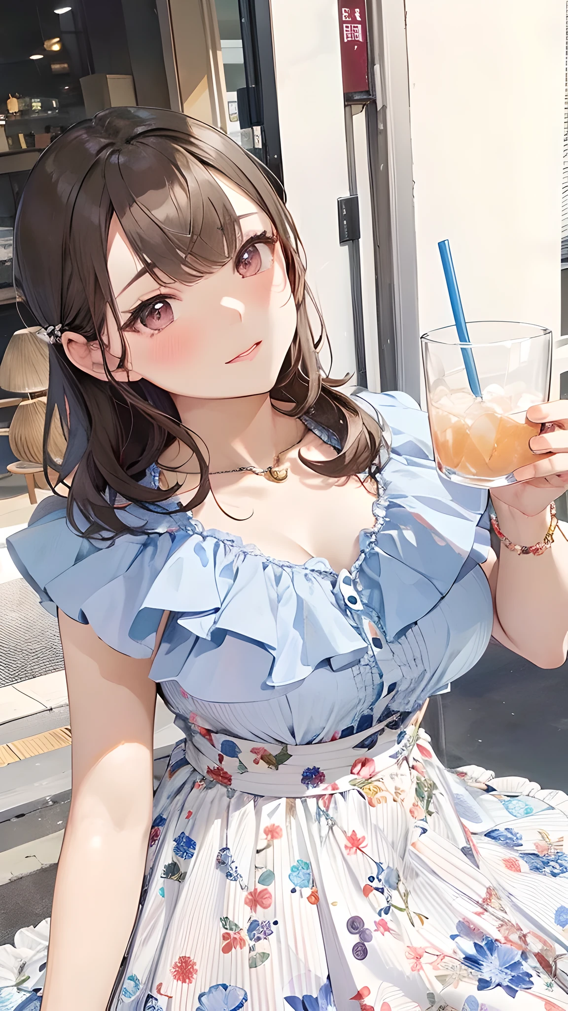 araffe asian woman in a blue dress holding a drink, sakimi chan, 奈良美智, ❤🔥🍄🌪, chiho, sakimichan, handsome girl, frill, deayami kojima, shiori teshirogi, reluvy5213, lovely woman, shikamimi