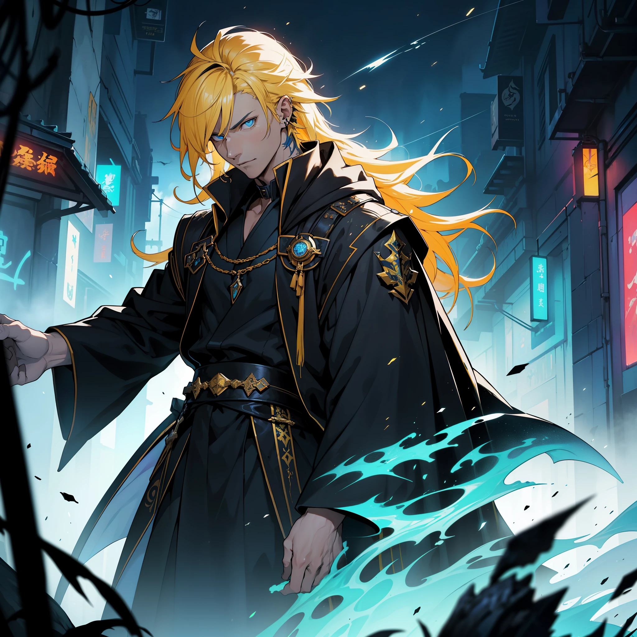(in 8K、top-quality、masterpiece:1.2)、Vampire、Cyberpunk men、fantasy worlds、dark backgrounds、Clean design、Magnificent Instagram、art stations、Colorful paint splatter、silhuette、Ultra-detailed intricate details、unrealengine、Fantasia、intricate detailes、Splash Screen、Complementary color scheme、Fantasy concept art、an oil painting、heavy strokes、Paint dripping、(isolated on white:1.3)、Rainbow skin、(((Handsome young man)))、(glowingblueeyes)、 ((Bright eye)), (( spiky Long Yellow hair:1.1))), ((Black Millitary Coat)), (prinz\\(indifferent look\\),(Wearing a luxurious black robe with high detail))), Yellow-haired, Frost magic, ((breastsout), ((Wizard)).