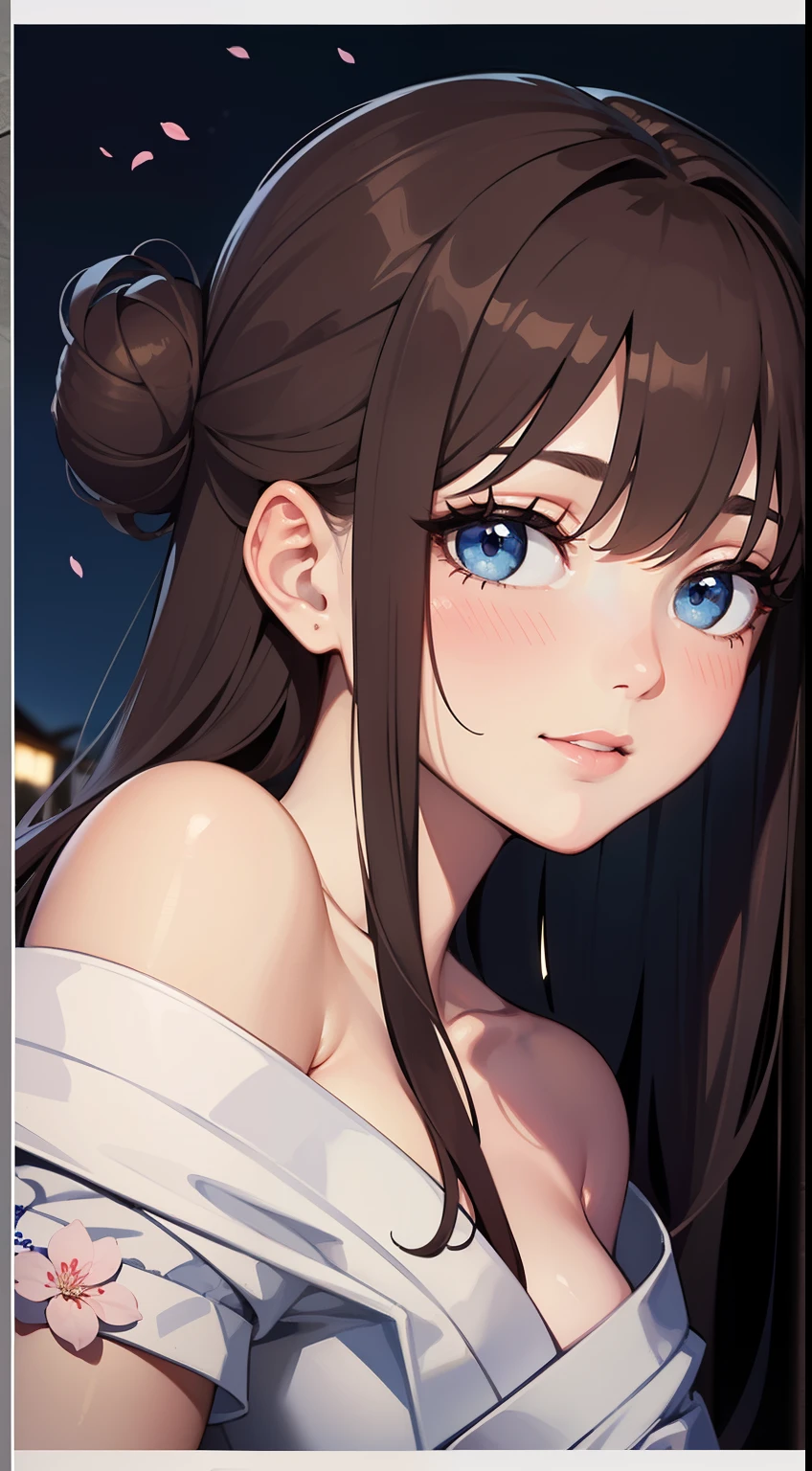 See the whole body,Smile,(solo) Real light and shadow,Backlight,Contour light,Shallow depth of field。night time,((long hair, Short Liuhai, reddish brown hair)), ((blue eyes, beautiful eyelashes, realistic eyes)), ((Detailed face, blush:1.2)),Viewing flowers on the snow,high bun, Wearing a low-cut, strapless Japanese kimono,The moonlight shines on her skin,There is a viewing platform of Hehuan Mountain behind it,Surrounded by cherry blossom trees,The petals are scattered in the air and on the ground in the wind,Fireflies flying everywhere,taking photos by Fujifilm high-grain 400 film,full-body shot, wild-angle view,