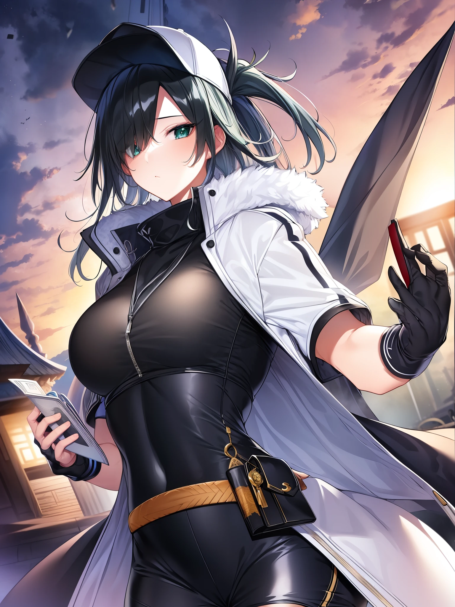 (Disorder、8k、4k、masterpiece、More than exciting:1.2)、solo、1 girl、view viewer、Portrait、highest quality、expressive eyes、perfect face、1 girl、Portrait、view viewer、solo、Are standing、woman、toned body、成熟したwoman、medium breasts、Fair skin、Blue-green hair、Calm、medium hair、balance、Long gloves、one-eyed hair、Yin Yang、fufa、sensing herscher、Fu_Hua、hair ornaments、Calm、wallet、Pause、temple background、cloudy sky、sunset、Hair covering one eye、everyday clothes、baseball cap、white shirt、open jacket、Half body、character\(series\)
