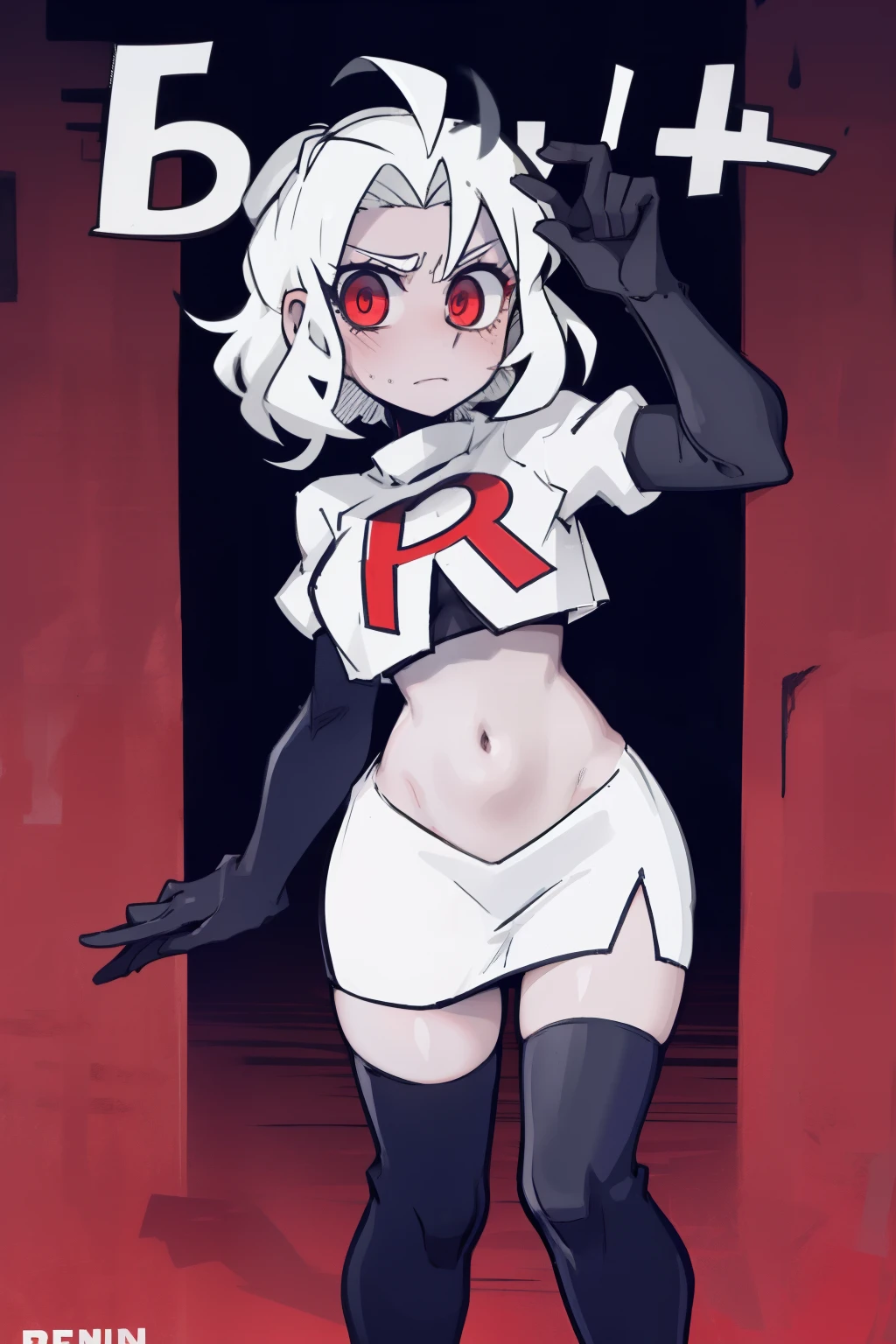 masterpiece, best quality,melina,red eyes, white hair,team rocket,team rocket uniform,white skirt,red letter R,crop top,black thigh-highs,black elbow gloves, comic ?????