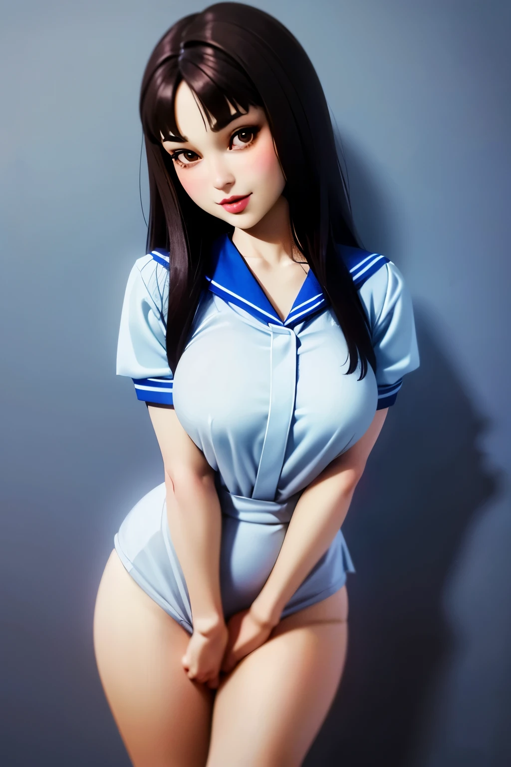 ((ultra quality)), ((masterpiece)), Tomie, Black & White Style, manga, ((black long hair)), (Beautiful face), (beautiful female lips), (), charming, ((sexy facial expression)), looks at the camera with a slight smile, (skin color white), (White skin), glare on the body, ((Detailed eyes)), ((Brown eyes)), (juicy female lips), (dark eyeliner), (beautiful female hands), ((ideal female figure)), ideal female body, beautiful waist, beautiful hips, medium breasts, ((subtle and beautiful)), A seductive stance (), (Dressed in Japanese school uniform, white and blue women&#39;s sailor suit, dark blue school skirt, long dark blue socks) background: The Japanese School, ((depth of field)), ((high quality clear image)), (clear details), ((high detail)), realistically, professional photo session, ((Clear Focus))