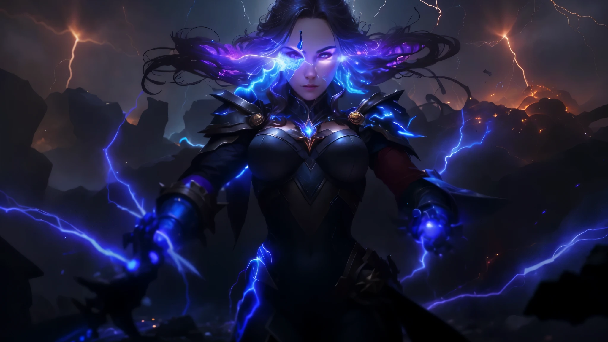 closeup of an electromancer, path of exile elementalist, woman in front of a bunch of lightning with a lightning bolt in her chest, menacing look, goddess of lightning, goddess of thunder, thunderbolts