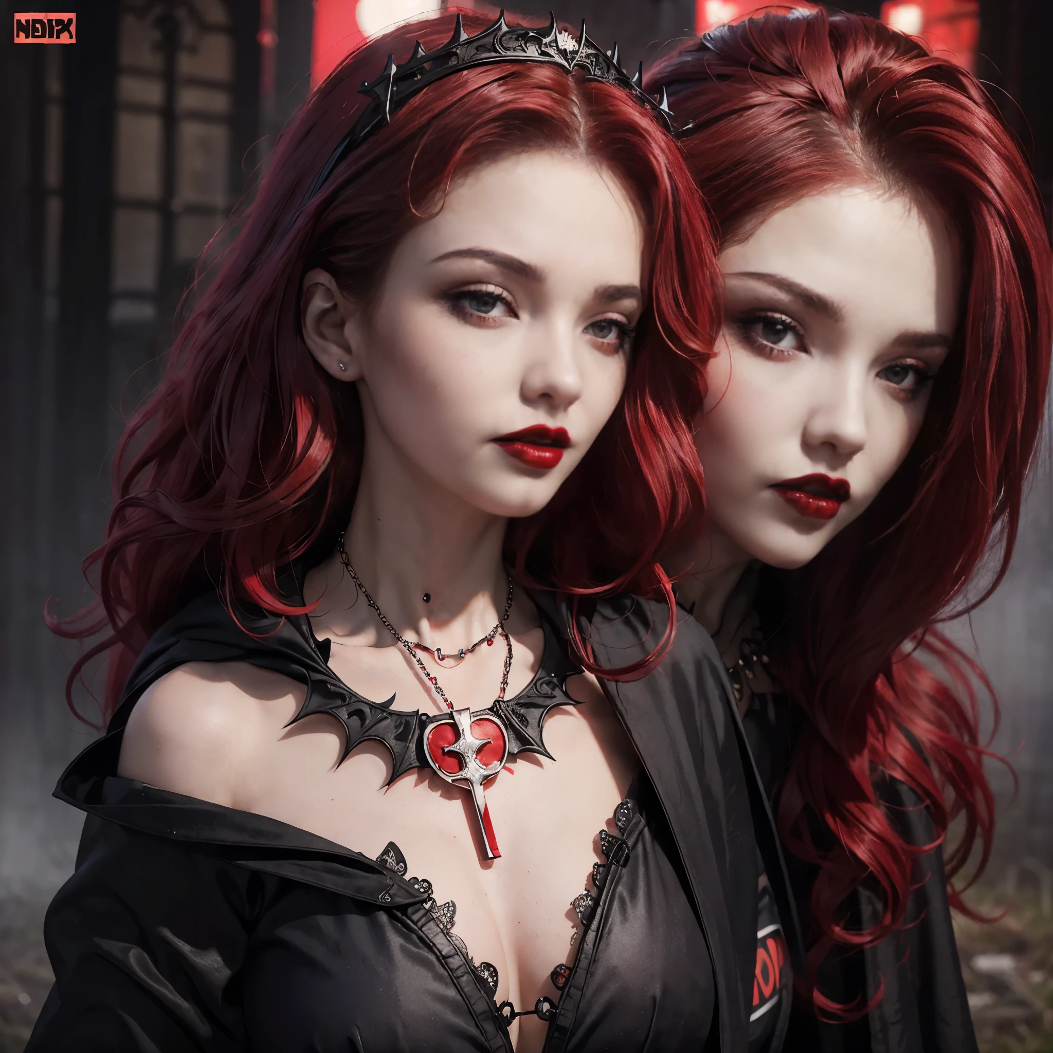 Beautiful 20 year old woman, large tits, with short messy wavy red hair, wearing a red corset with black accents and black cloak, standing in a foggy cemetery at night, (red lipstick:1.5), realistic skin texture, (cross necklace:1.2), (looking at camera:1.3), (Pop art and Gothic Art:1.4), photo realistic, 8k