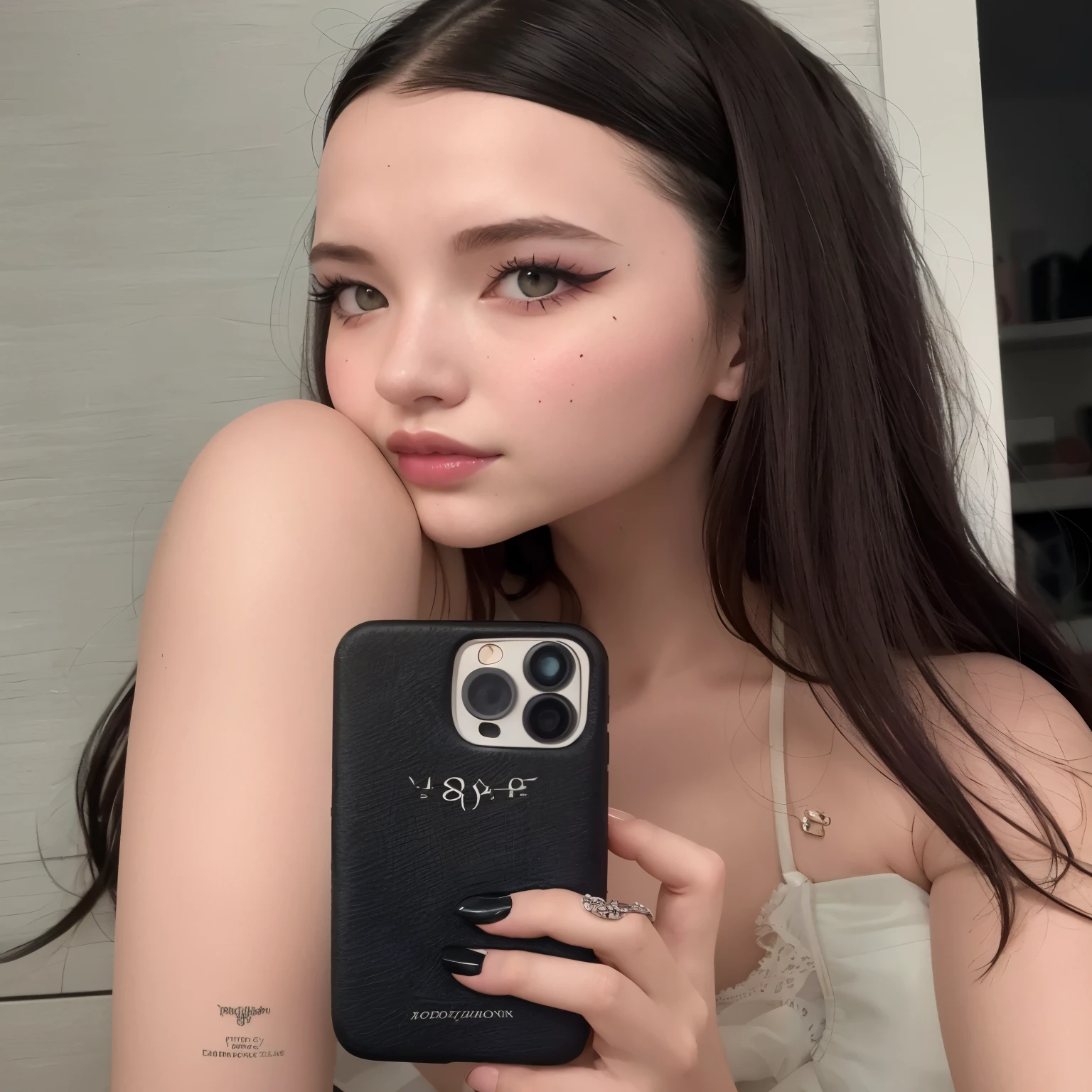 Arafed woman holding a cell phone in front of her face., Dove Cameron, 18 years, with pale skin, Hermosa Kacey Rol, pale ivory skin, 22 years, modelo de instagram, very pale skin, pale ivory skin, pale porcelain white skin, 1 7 year old gothic girl, gothic girl aesthetic, 21 years