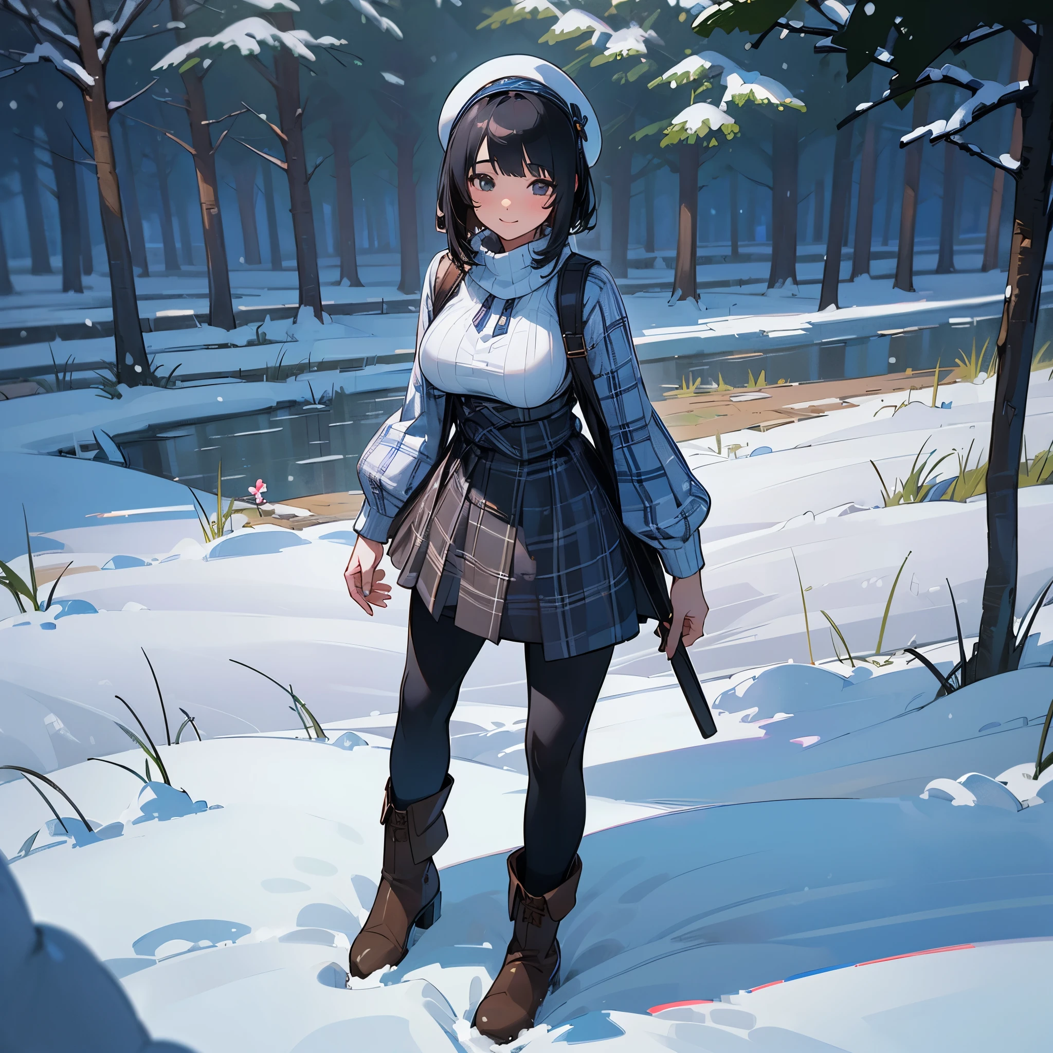 (high quality, high resolution, Super detailed, Reality:1.37), peaceful atmosphere, (outdoor, garden ,snow), age girl standing alone, (My breasts are big.), Beautiful detailed features, cute smile, (black bob hair), ribbed sweater, blue plaid skirt, Black tights, brown boots.