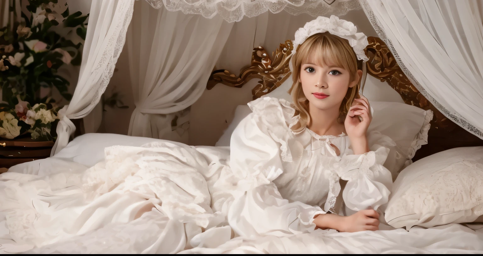 ,highest quality, masterpiece, highest resolution, artwork, super それにget used to it, many get used to it, get used to it, それにget used to it, 3K realistic photos,,((10 year old girl)),Super detailed baby face,
Beautiful girl illustration,detailed beautiful face detailed hair,detailed human eye ,detailed mouth, arm details,detailed hand,
european,(((blonde with super long rolls))),blue eyes,pajamas,night wear,((((white nightgown)))),((フリルとリボンが沢山付いたwhite nightgown)),((1920 style nightgowns)),,((headdress with frills and ribbons)),victorian nightgowns,Yoke collar with ruffles and ribbons,Long sleeves with ruffles,Long skirt up to the ankle,((The whole body is reflected)),socks with white frills and lace,Wearing slippers with frills and ribbons,Pillow with large frills and ribbons,detailed costumes,Detailed pillow,Sitting on the bed, 贅沢なcanopy bedの上,canopy bed,luxurious curtains under the canopy,many frilly pillows on the bed,super detailed background,Detailed bed,soft futon,フリルとリボンが沢山付いたDetailed bedカバー,romantic atmosphere,