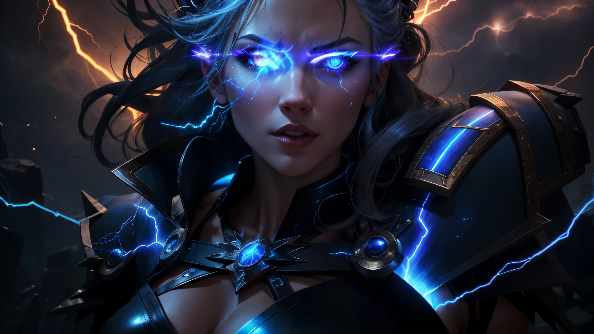 closeup of an electromancer, path of exile elementalist, woman in front of a bunch of lightning with a lightning bolt in her chest, menacing look, goddess of lightning, goddess of thunder, thunderbolts