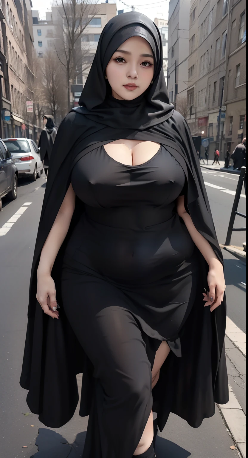 woman in black dress and hijab walking down the street, wearing black clothes and cape, hijab outfit, with a long black cape, hijab fashion model, plus size, plus size woman, wearing black robe, woman in black robes, beautiful burqa's woman, thicc, black outfit,, wearing a black robe, black, with cape, bbwchan, large cleavage, very large cleavage, massive cleavage , wearing a sneakers, 31 years old woman 