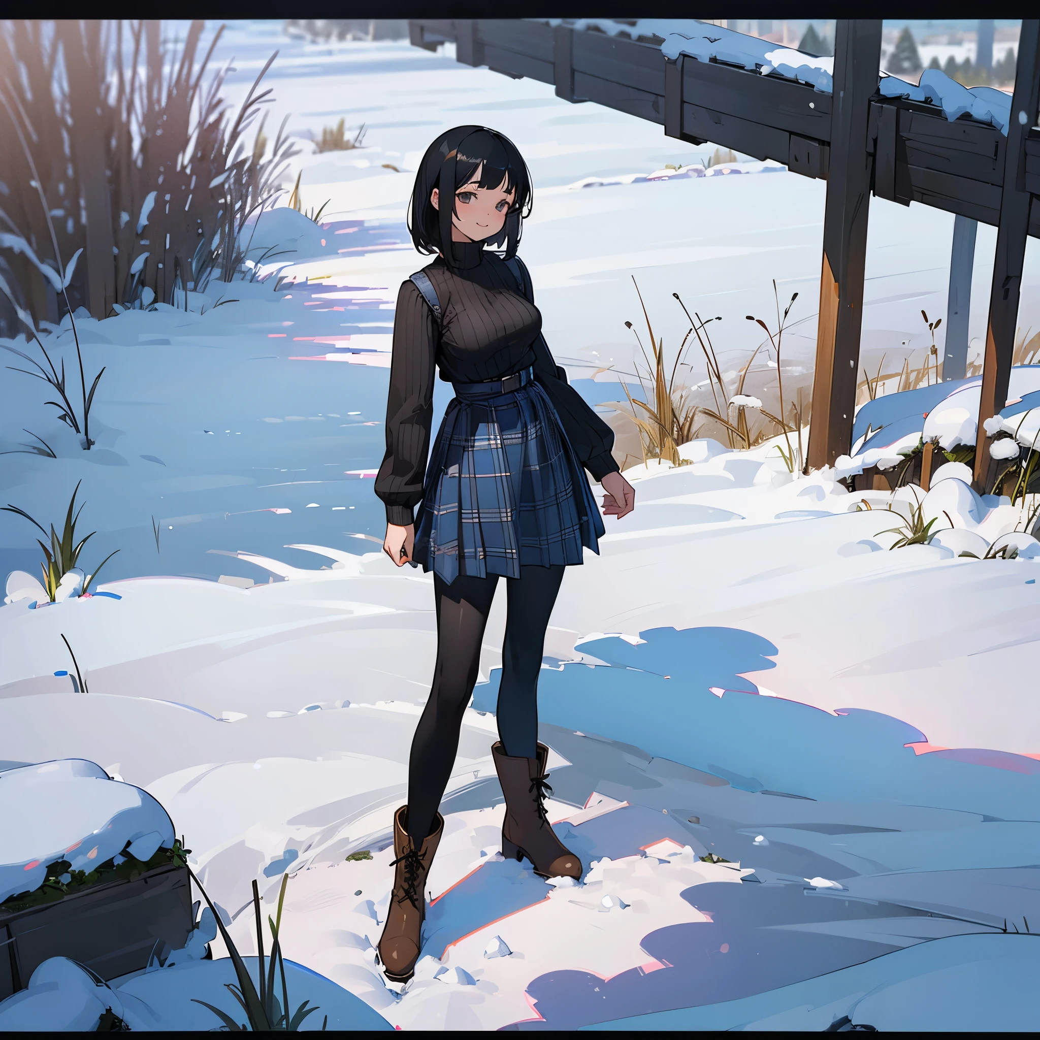 (high quality, high resolution, Super detailed, Reality:1.37), peaceful atmosphere, (outdoor, garden ,snow), Teenage girl standing alone, (My breasts are big.), Beautiful detailed features, cute smile, (black bob hair), ribbed sweater, blue plaid skirt, Black tights, brown boots.