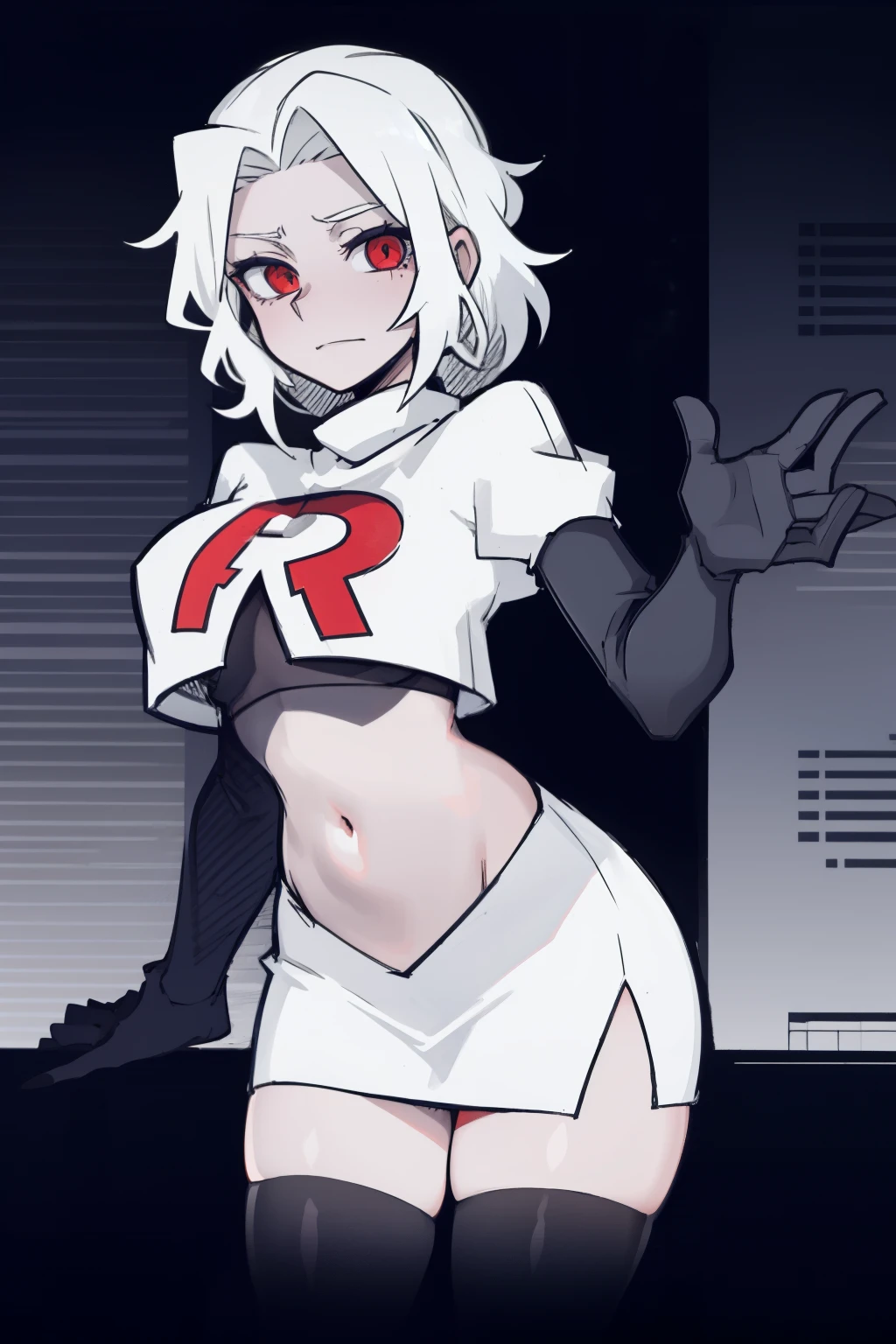 masterpiece, best quality,melina,red eyes, white hair,team rocket,team rocket uniform,white skirt,red letter R,crop top,black thigh-highs,black elbow gloves, comic strip