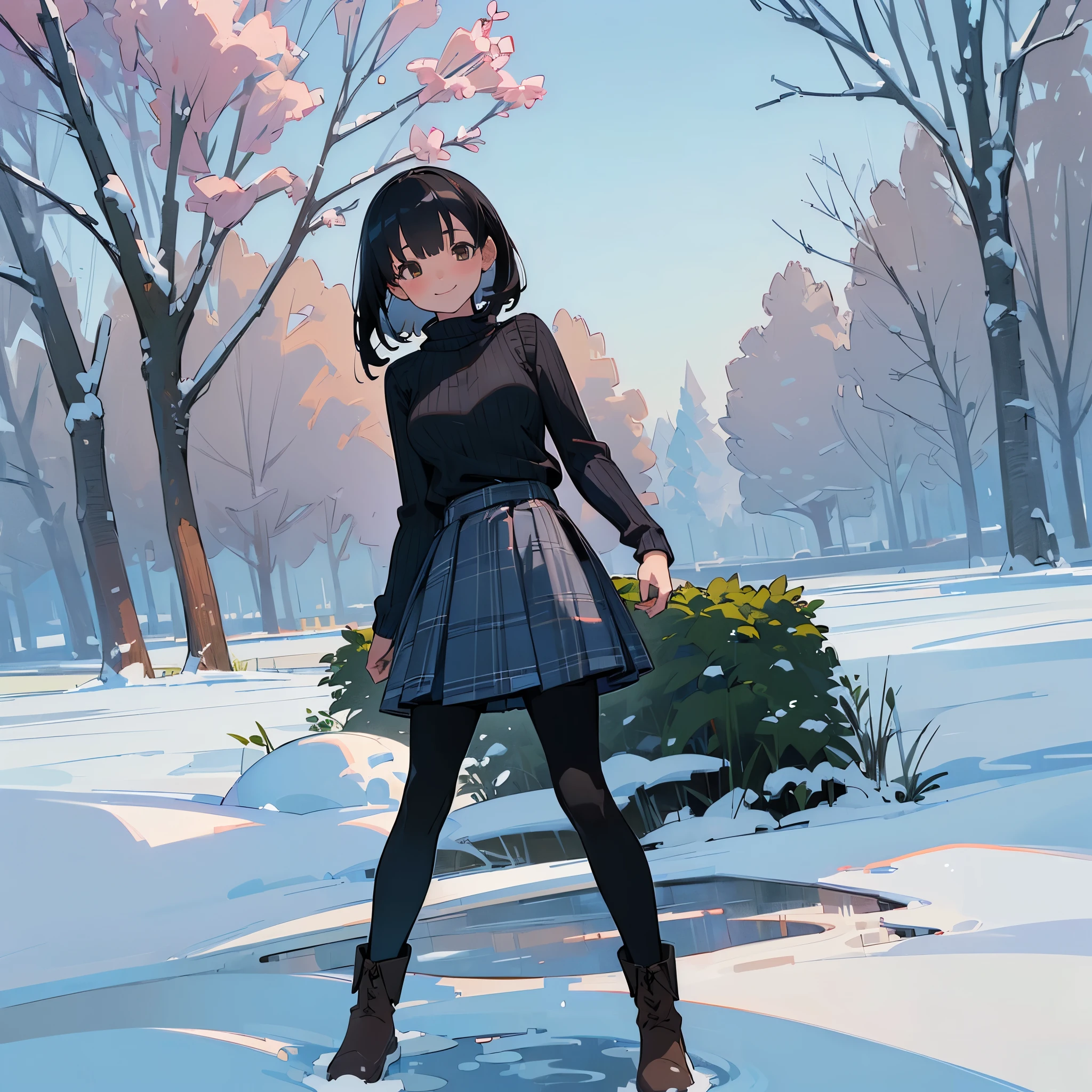 (high quality, high resolution, Super detailed, Reality:1.37), peaceful atmosphere, (outdoor, garden ,snow), Teenage girl standing alone, (My breasts are big.), Beautiful detailed features, cute smile, (black bob hair), ribbed sweater, blue plaid skirt, Black tights, brown boots.