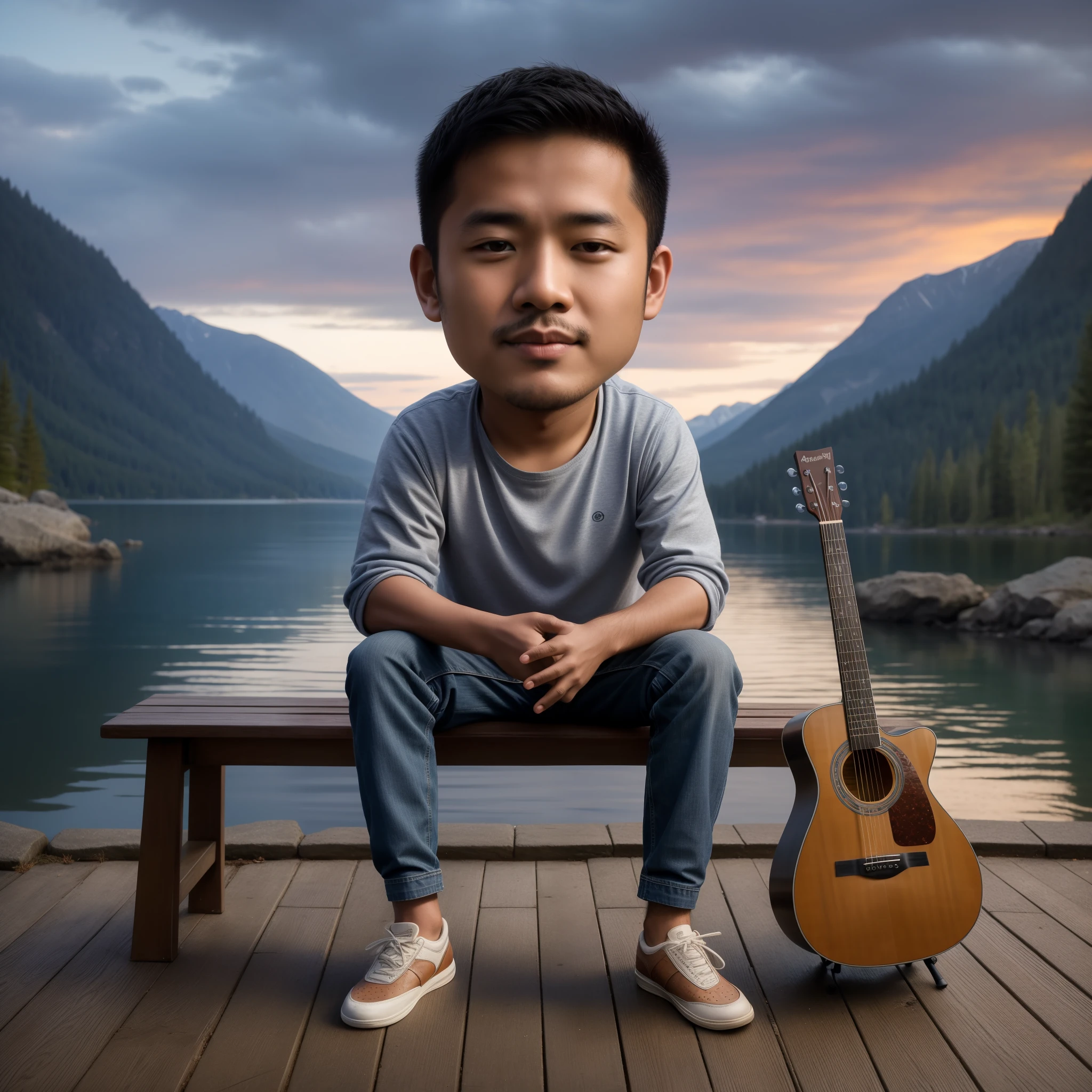 arafed man sitting on a bench with a guitar in front of a lake, inspired by Rudy Siswanto, nft portrait, highly detailed vfx portrait, detailed portrait, highly detailed vfx portrait of, realistic