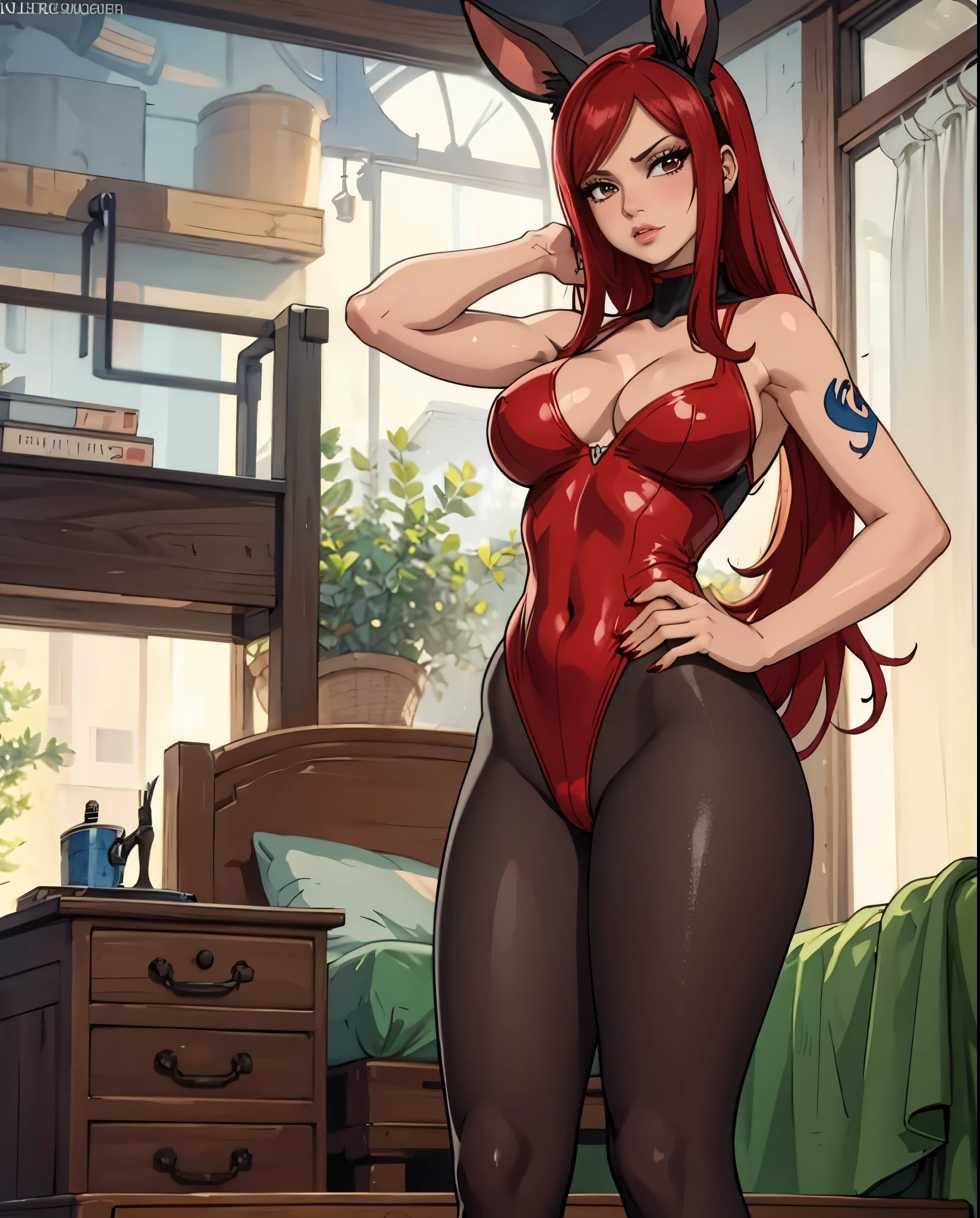 erza in a red bunnygirl outfit, tights, tattoo on left shoulder, fairytail tattoo, masterpiece, best quality, bedroom, 1girl, solo, looking at viewer, blushing, shy, embarrassed, cleavage, highheels, fullbodyshot, whole body in shot, pink painted nails, nail polish, very detailed, high quality, demanding face, detailed hair, (best quality), (masterpiece: 1.1), (very detailed CG unity 8k wallpaper: 1.1), (color: 0.9), (panoramic shot: 1.4), (single: 1.2), (splashed ink), (splashed color), ((watercolor)), clear and sharp focus, anatomically correct, toned body, very detailed anatomy, big ass, big thighs, glossy lips, wet looking lips, very detailed eyes, sexy, seducing, small waist, big hips, detailed cameltoe, make-up, mascara, red eye shadow, perfect ass, huge breasts, human ears, oiled skin, wetlook, shiny skin, tan, saturated lipstick, glossy lips, shiny leotard, highleg, thong, very detailed clothing, detailed textures, thights texture