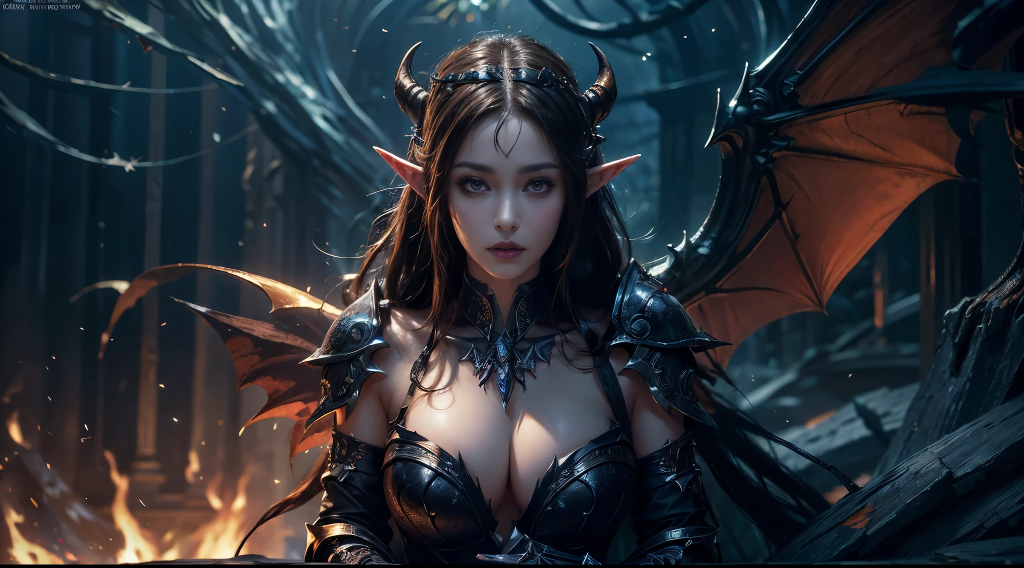original photo, (best quality:1.3), high resolution, (masterpiece), (lifelike:1.4), Professional photography, sharp focus, high dynamic range, 8K resolution, intricate details, Exquisite details, depth of field, Extremely detailed CG unified 8k wallpaper, masterpiece,poster,best quality,official art,(Beauty and aesthetics:1.2),(masterpiece:1.3),World of Warcraft Night Elves,woman,individual,Lightweight leather armor,Complex patterns,Close up photography,(remains),dramatic,Huge bat wings