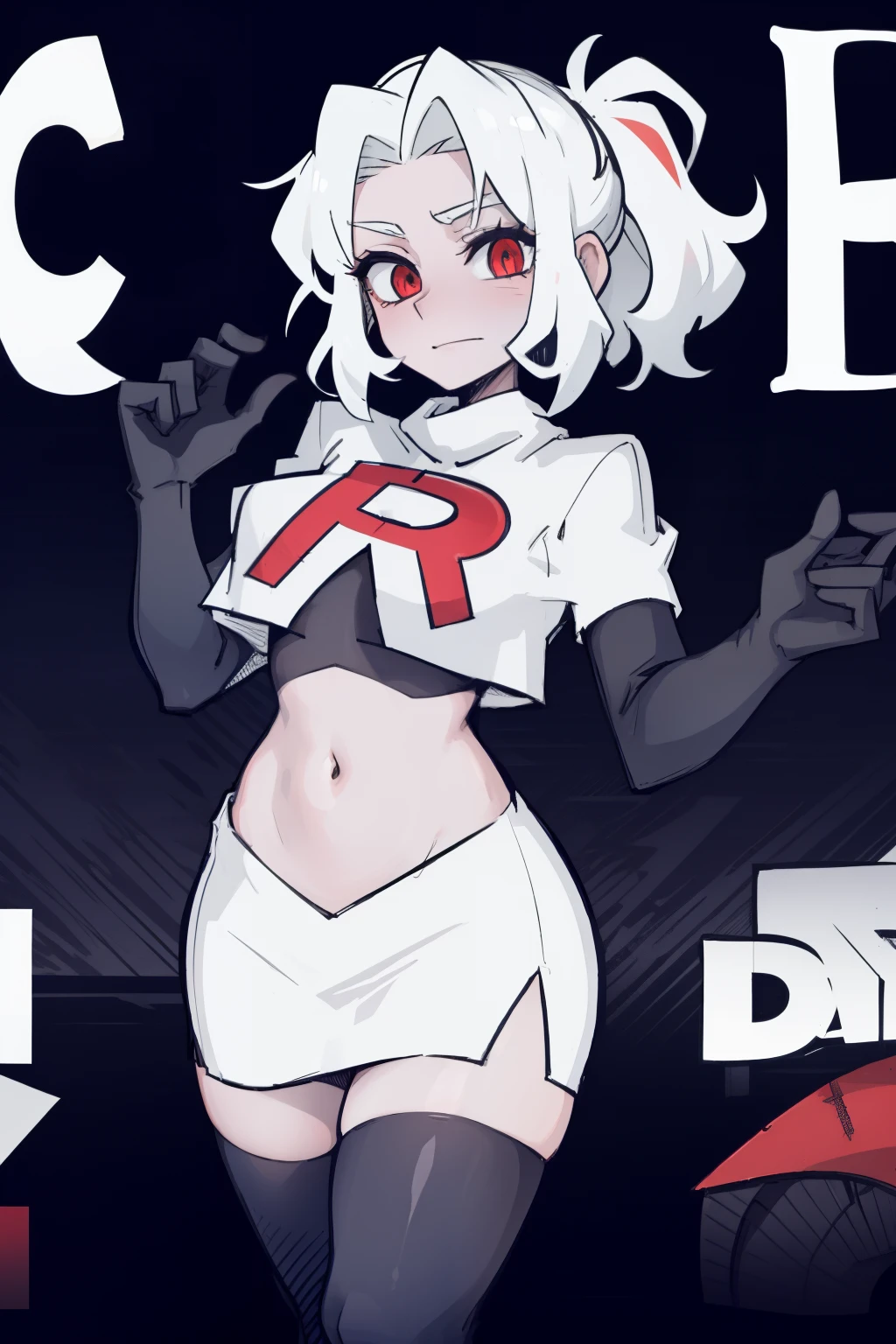 masterpiece, best quality,melina,red eyes, white hair,team rocket,team rocket uniform,white skirt,red letter R,crop top,black thigh-highs,black elbow gloves, comic strip