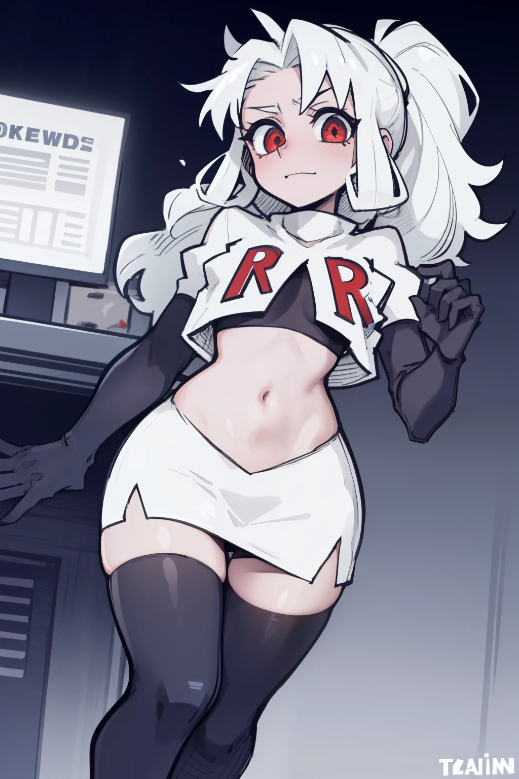 masterpiece, best quality,melina,red eyes, white hair,team rocket,team rocket uniform,white skirt,red letter R,crop top,black thigh-highs,black elbow gloves, comic strip