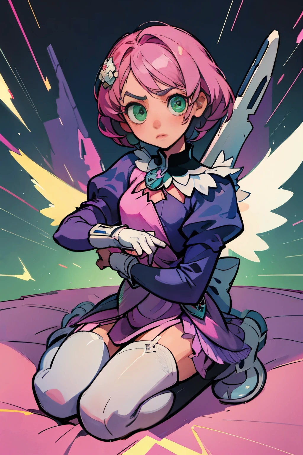 Alisa Bosconovich, better quality, contemporary, flat style, Minimalism, Green eyes flat illustration, pink hair, short hair, colorful hair, black shirt, mechanical wings, Avatar close-up, Pointed chest, split, super split, Medium chest, iron fist,pink hair pastel, 1 girl, emkimono, Hand Painted,The principle of linear scanner, Colorful pastels, iron fist, With maid outfit,figuera esbel tower,Robusto,He sat on the floor,Wearing pink and white maid outfit,cabellos muito curtos,city of aurelias de gato,Two dimensions,, Kawaii roses from 1910, Alisa Bosconovich 粉红嘴唇, No soft aurorapunk core style, Anime illustration of his face, Animated GIFs, Hand Painted动画, Captivating sketch, urbane and brilliant, nebula, Estilo Super Flat, white background-ar 1:1 - niji 5 - expressive style--s 50