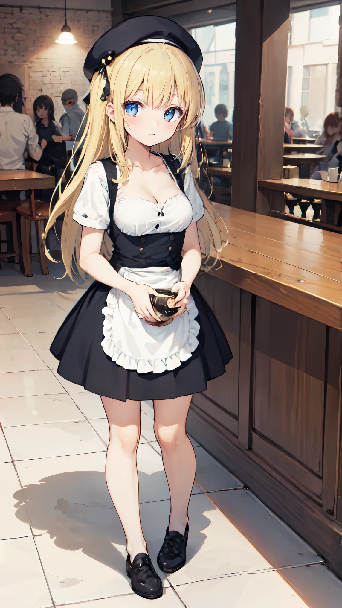 (masterpiece, best quality), extremely detained, ultra high res, illustration, animification, anime screencap, fine line drawing, Ray Tracing, 1girl, solo, small breasts, cleavage, collarbone, long hair, hair is blonde color, floating hair, cheerful girl, ((waitress)), beret, star earrings, form front, looking at viewer, full body, indoors, cafe hall , standing, tareme-eyes, nice hands, perfect hands,