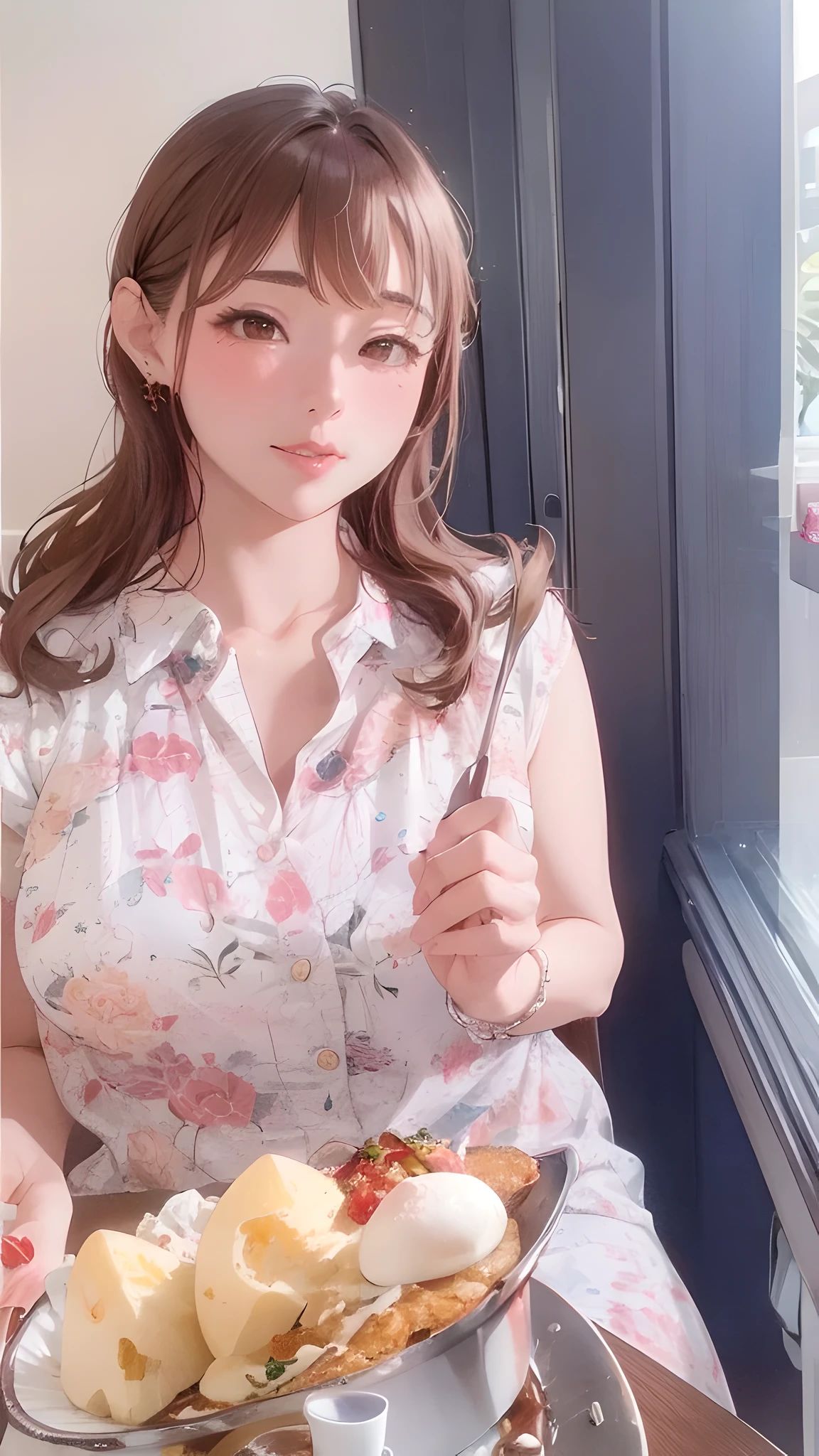 there is a woman sitting at a table with a plate of food, chiho, 奈良美智, sakimichan, with cute - fine - face, cutecore, 30 years old woman, 3 0 years old woman, sakimi chan, ❤🔥🍄🌪, 19-year-old girl