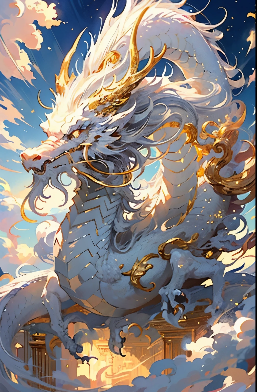 logo、masterpiece、(white background:1)、White dragon surrounded by white clouds、golden horns and beard、Gold Line、white and gold、Wind、god々、long wavy body、tooth、fantasy、god話、high quality、very detailed、masterpiece、narrative poem、particle effects、dynamic effect、sun on background