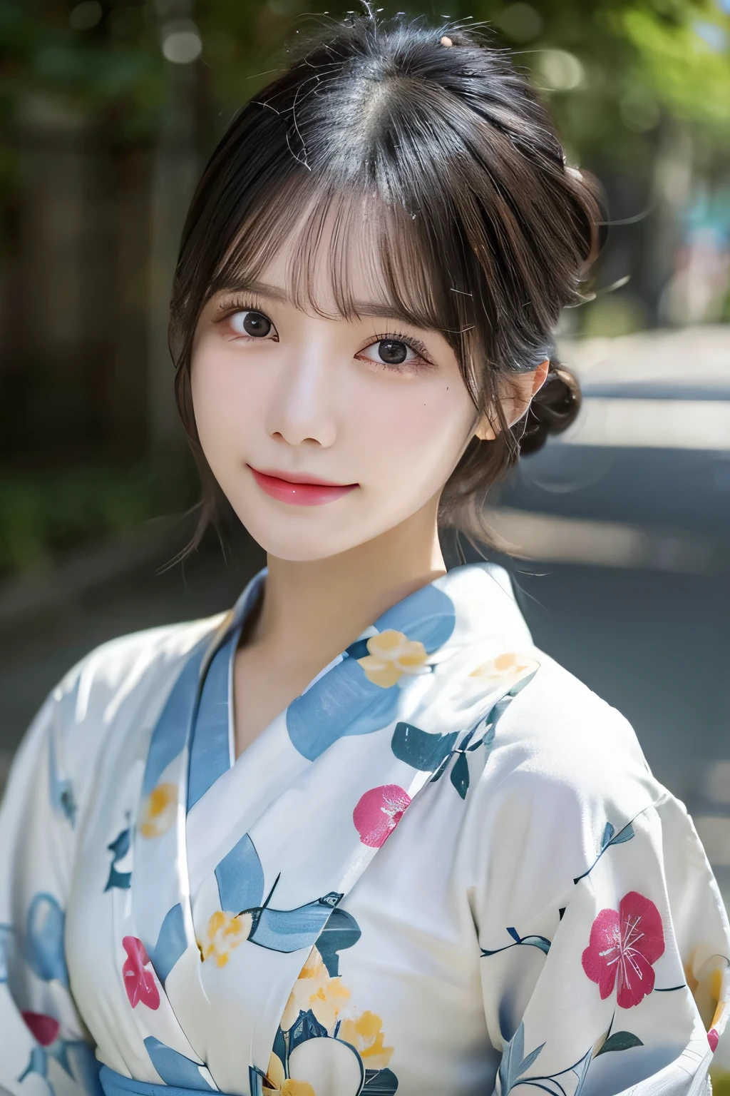 （kimono）、(highest quality,masterpiece:1.3,ultra high resolution,),(Super detailed,caustics),(Photoreal:1.4,RAW shooting,)ultra-realistic capture,very detailed,High resolution 16K human skin close-up。 natural skin texture、,The pores are、、、Must be detailed enough to be easily identified。 Skin should look even-toned and healthy。 Use natural light and color,1 girl,Japanese,23 years old,cute,black haired,middle hair,,smile,turn your body forward,(Front view:1.2),,(、tear bag、solid bangs、highest quality、ultra high resolution、written boundary depth、chromatic aberration、、wide range of lighting、natural shading、)、