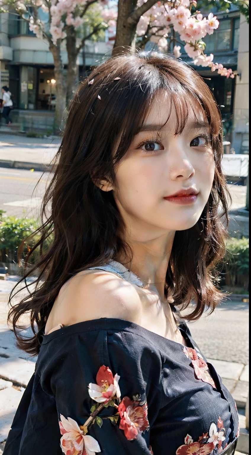See the whole body,Smile,(solo) Real light and shadow,Backlight,Contour light,Shallow depth of field。night time,((long hair, Short Liuhai, reddish brown hair)), ((blue eyes, beautiful eyelashes, realistic eyes)), ((Detailed face, blush:1.2)),Viewing flowers on the snow,high bun, Wearing a low-cut, strapless Japanese kimono,The moonlight shines on her skin,There is a viewing platform of Hehuan Mountain behind it,Surrounded by cherry blossom trees,The petals are scattered in the air and on the ground in the wind,Fireflies flying everywhere,taking photos by Fujifilm high-grain 400 film,full-body shot, wild-angle view,