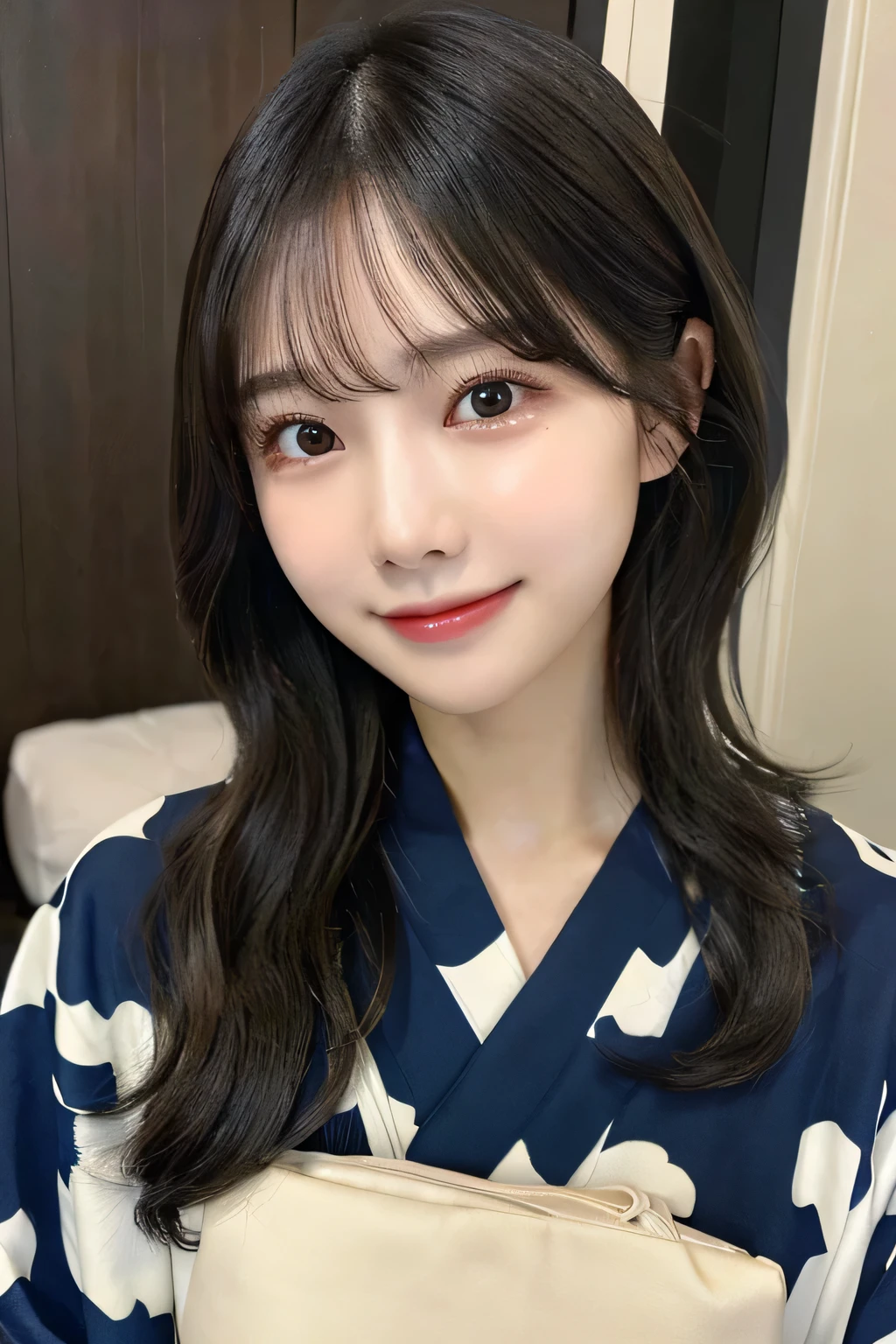（kimono）、(top-quality,​masterpiece:1.3,超A high resolution,),(ultra-detailliert,Caustics),(Photorealsitic:1.4,RAW shooting,)Ultra-realistic capture,A highly detailed,High resolution 16K human skin close-up。 Skin texture is natural、,The pores are、Must be detailed enough to be easy to identify。 Skin should look healthy with even tones。 Use natural light and color,1人,japanes,23years old,kawaii,A dark-haired,Middle hair,,smil,Turn your body to the front,(front-facing view:1.2),,(、tear bags、solid bangs、best qualtiy、超A high resolution、depth of fields、chromatic abberation、、Wide range of lighting、Natural Shading、), (Large Breasts:1.2),