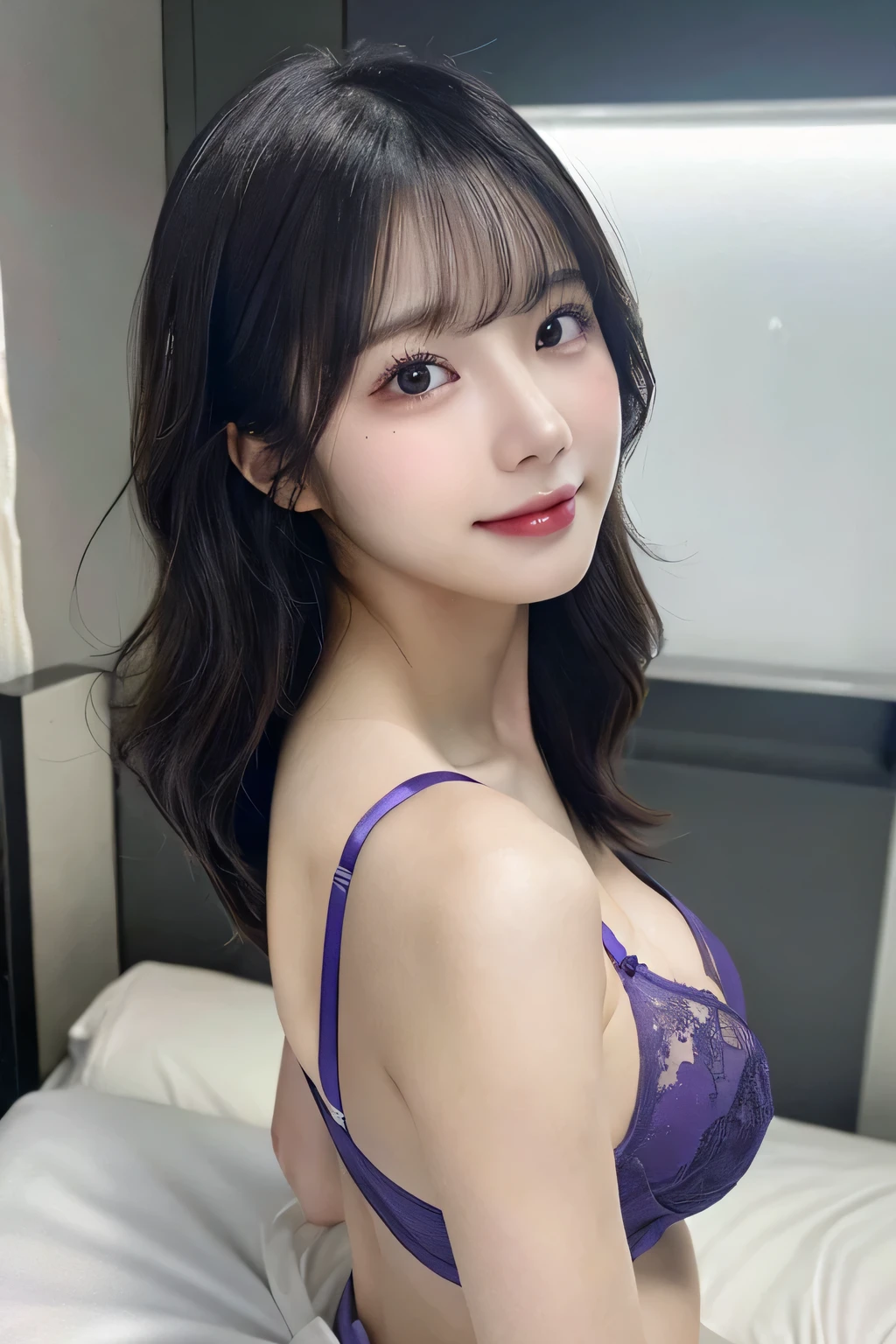 （purple colorful sexy panties、purple colorful sexy bra、G-cup big breasts）、whole body、whole bodyを撮影する、(highest quality,masterpiece:1.3,ultra high resolution,),(Super detailed,caustics),(Photoreal:1.4,RAW shooting,)ultra-realistic capture,very detailed,high resolution 16k 、 natural skin texture、,The pores are、、、Must be detailed enough to be easily identified。 Skin should look even-toned and healthy。 Use natural light and color,1 girl,Japanese,23 years old,cute,black haired,middle hair,,smile,turn your body forward,(sexy pose、sexy ass),,(、tear bag、solid bangs、highest quality、ultra high resolution、written boundary depth、chromatic aberration、、wide range of lighting、natural shading、)、