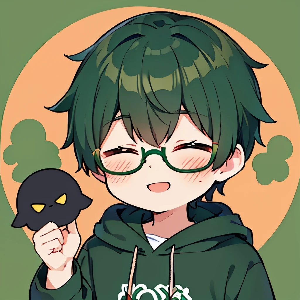 "He is a man with voluminous dark green hair, wearing a dark green hoodie and square black glasses, with his eyes closed and a big smile of happiness. The drawing should be in chibi anime style. The background should have a pattern."