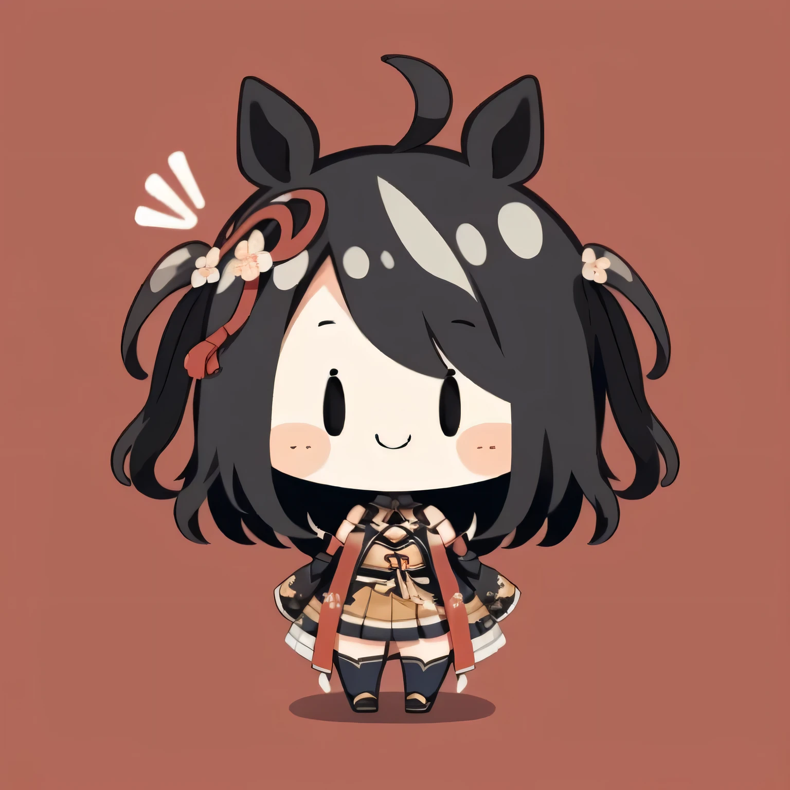 Kitasan_black_umamusume, animal ears, short hair, striped hair, hair ornaments, medium breasts, horse tail, cleavage, clothing clippings, removed sleeve, shimenawa, skirt, blackニーソ, masterpiece、Little、Little, smile, Color 0n icon、ik1、full body description, 1 girl、cartoon bones、a bit:1,a bitkyara, cowboy shot, alone, dynamic pose, a bit, Full body Esbian, white background, solid background, simple background