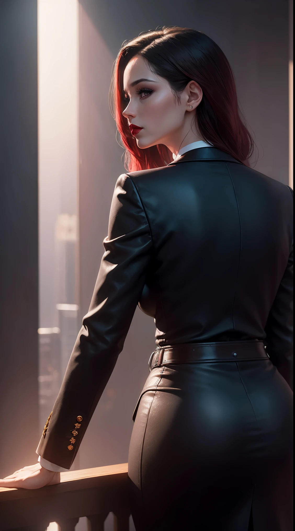 Woman, 30 years, red lips, executive outfit,Surrealism, cinematic lighting, god rays, bokeh, UHD, masterpiece, super detail, high quality , from behind