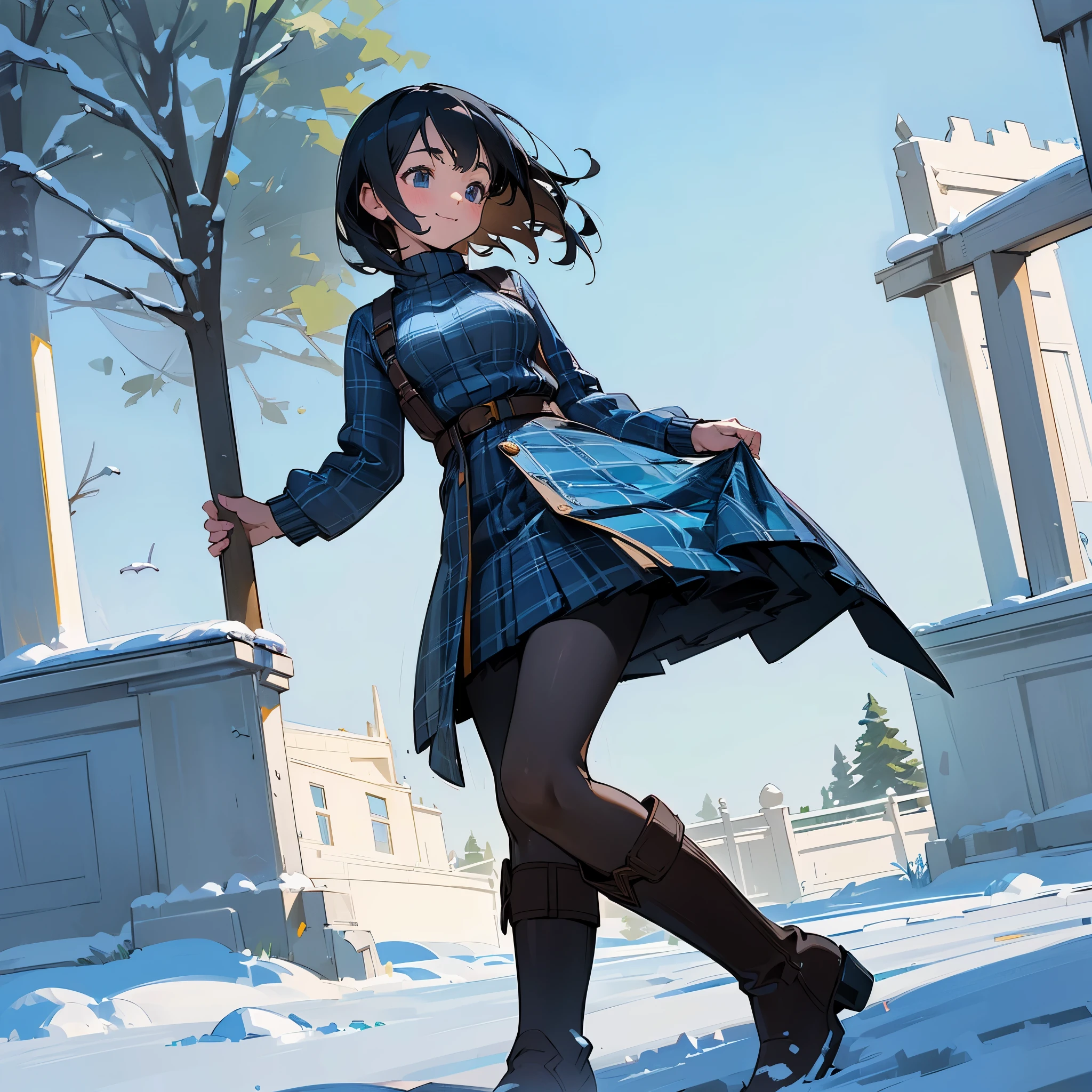 (high quality, high resolution, Super detailed, Reality:1.37), peaceful atmosphere, (outdoor, garden ,snow), age girl standing alone, (My breasts are big.), Beautiful detailed features, cute smile, (black bob hair), ribbed sweater, blue plaid skirt, Black tights, brown boots.