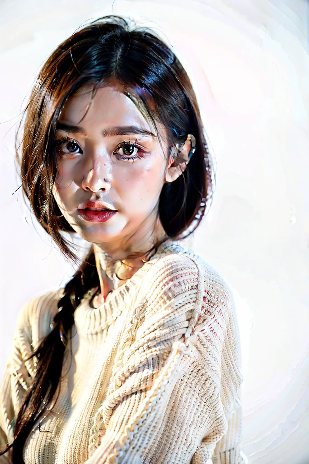 1 girl,sweater,white background,