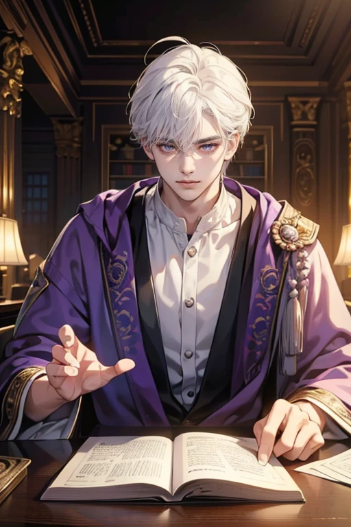 (tmasterpiece, high resolution, ultra - detailed:1.0), (1 boy, Young male), Eyes looking at the camera, Perfect male body, Extremely detailed CG, 8K wallpaper, Complicated details, solo person, Detailed face, color difference, Depth of field, dramatic shadow, Ray tracing, Best quality, Cinematic lighting, dark room lighting, masterpiece, 1guy, white hair, messy hair, beautiful purple eyes, good guy expression, soft eyes, soft smile, kind smile white shirt, sitting at a table, reading a book, magic, portrait, wizard robes, atmosphere: magical library