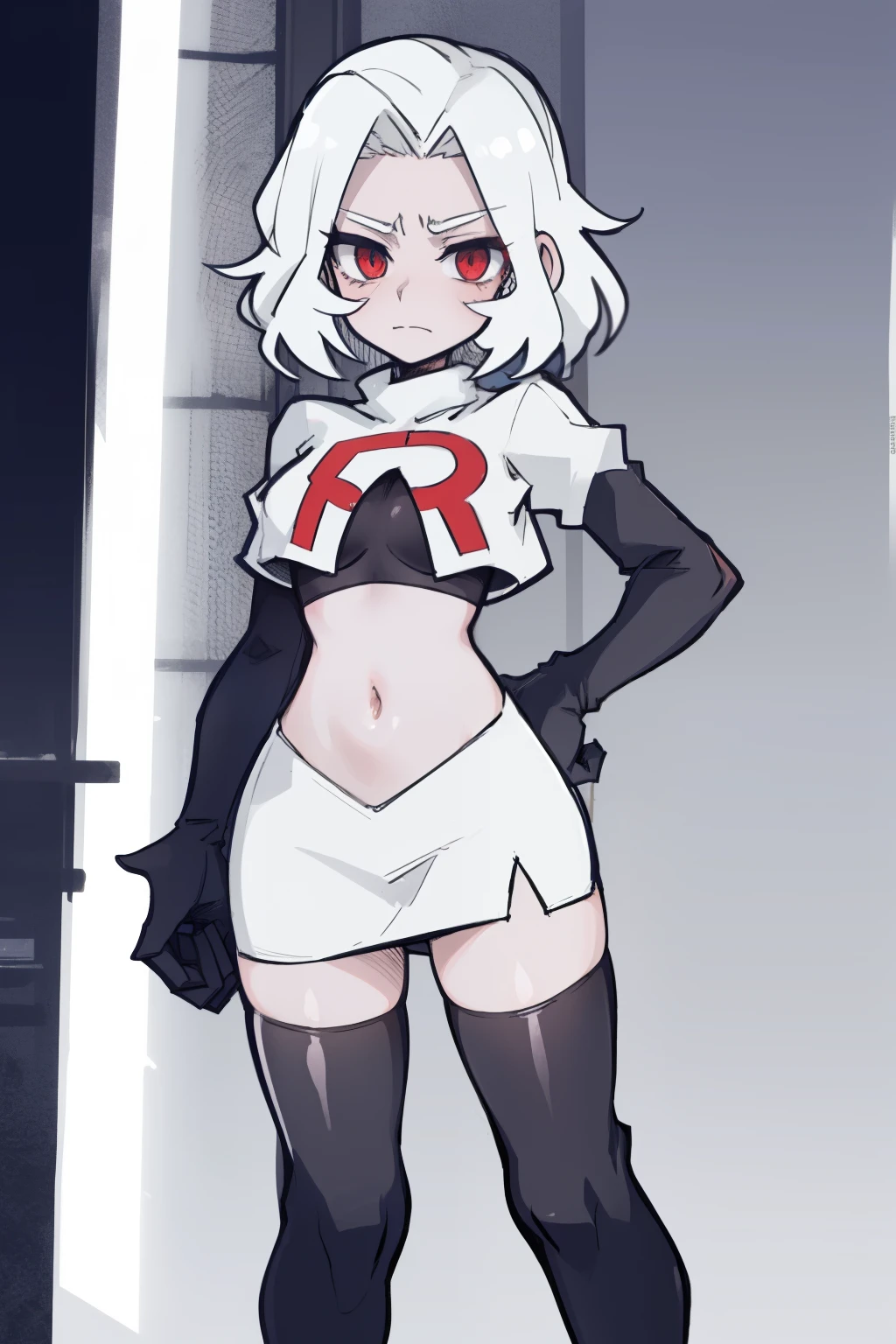 masterpiece, best quality,melina,red eyes, white hair,team rocket,team rocket uniform,white skirt,red letter R,crop top,black thigh-highs,black elbow gloves, comic strip