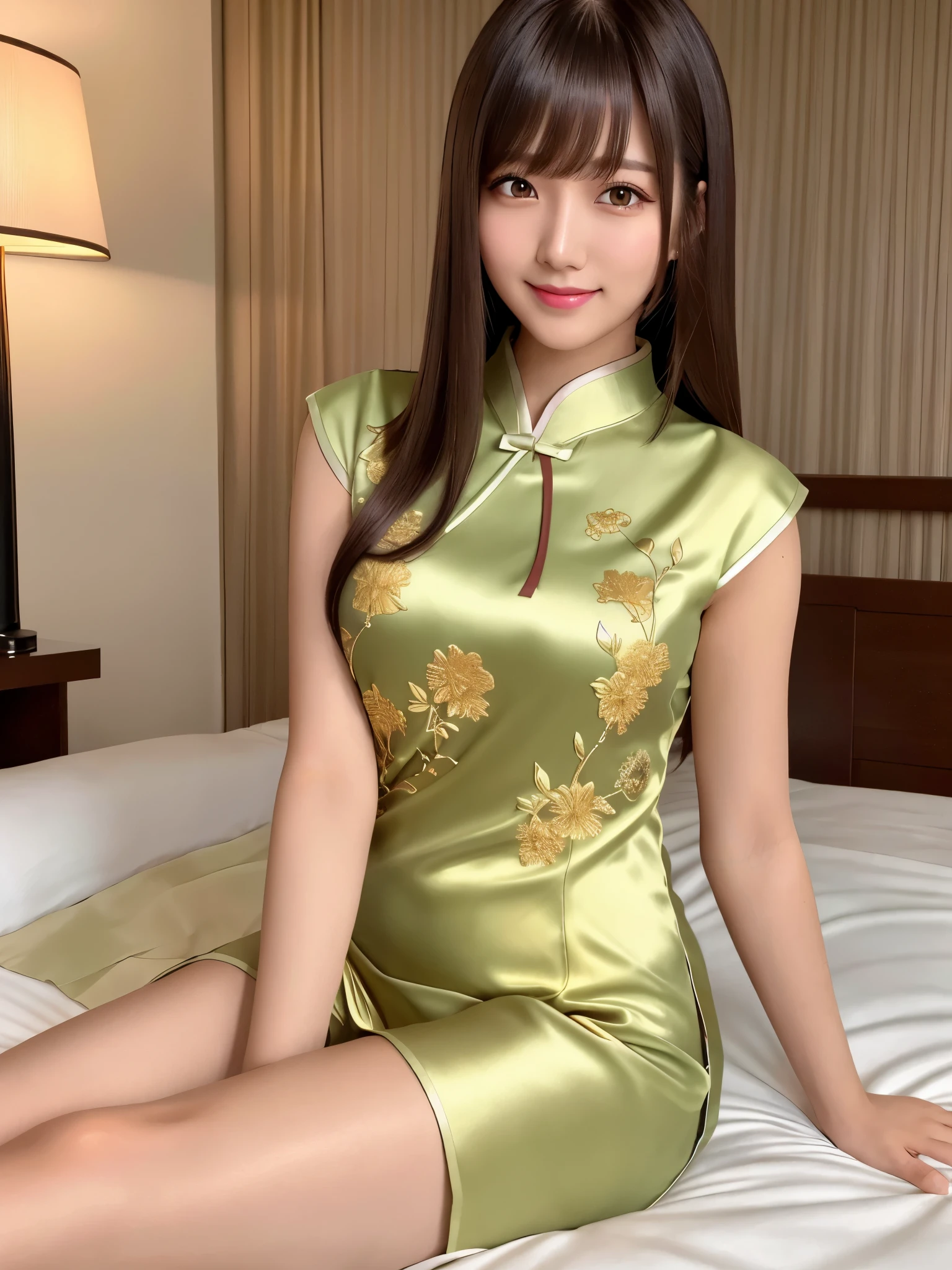product quality, 1girl, upper body shot, front view, a Japanese young pretty girl, long bob hair, sitting with a big smile on a silk bed in a luxury hotel room, glamorous figure, wearing short sleeves shiny satin green cheongsam with many flower pattern embroideries with collared, hyper cute face, glossy lips, double eyelids in both eyes, natural makeup, long eyelashes, shiny smooth light brown long bob hair, asymmetrical bangs, a tanned skin, central image, high resolution, high detail, detailed hairstyle, detailed face, spectacular cinematic lighting, octane rendering, vibrant, hyper realistic, perfect limbs, perfect anatomy