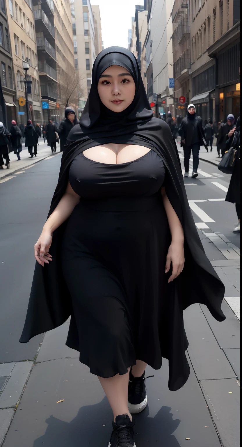 woman in black dress and hijab walking down the street, wearing black clothes and cape, hijab outfit, with a long black cape, hijab fashion model, plus size, plus size woman, wearing black robe, woman in black robes, beautiful burqa's woman, thicc, black outfit,, wearing a black robe, black, with cape, bbwchan, large cleavage, very large cleavage, massive cleavage , wearing a sneakers, 31 years old woman 