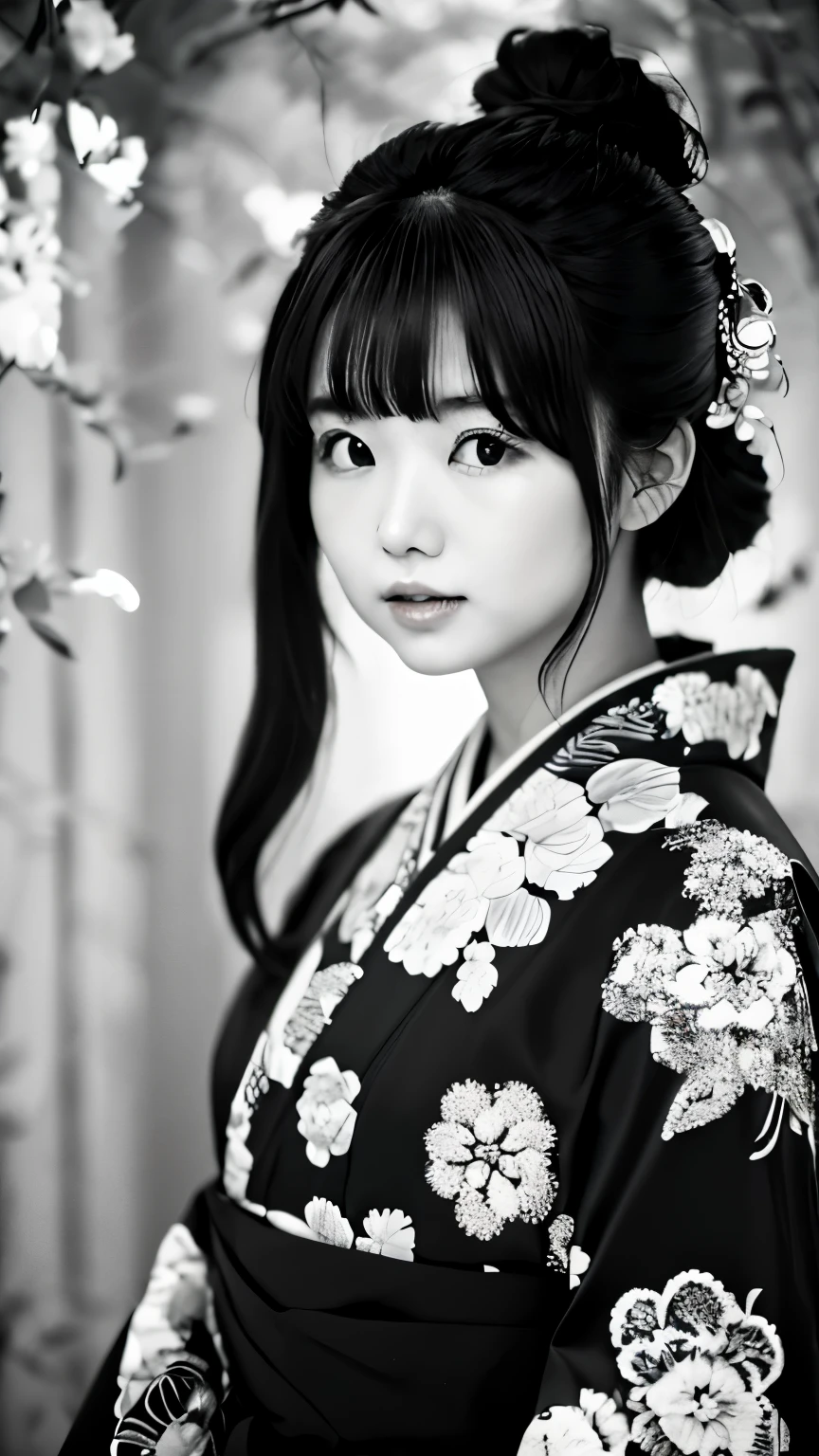 (((a black and white photo:1.2、film grain、RAW photo)))、one woman、１８talent、unparalleled beauty、beautiful teeth、natural look、small nose、plump lips、Beautiful silky straight hair、Riman、Beautiful kimono figure、heavy kimono、Yamato Nadeshiko、blurred background:1.5、medium depth of field, photographed on a Canon 5D, 50mm lens, f/4 aperture, (very detailed, intricate details), sharp focus, calm colors, 8K, a black and white photo、a black and white photo、confused, 8mmfilm grain