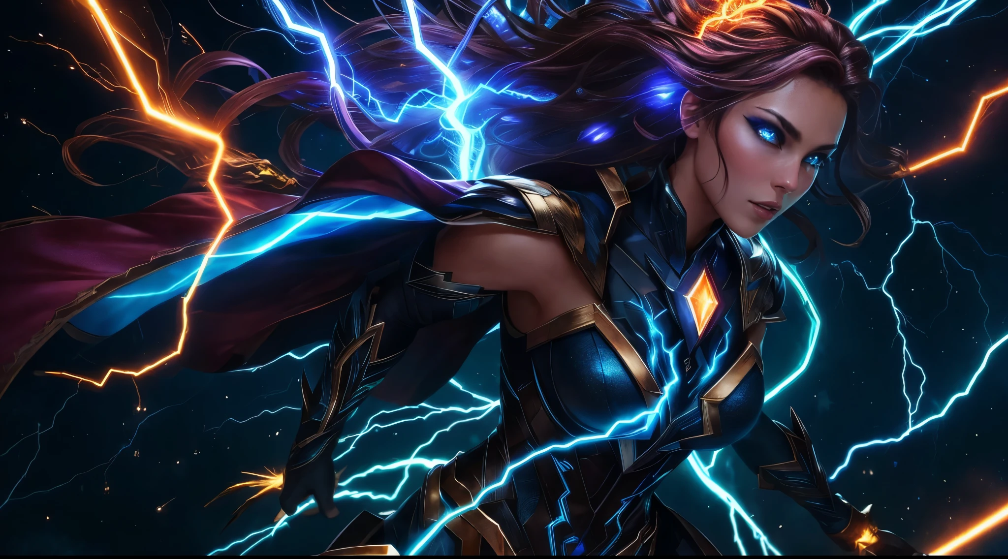 closeup of an electromancer, path of exile elementalist, woman in front of a bunch of lightning with a lightning bolt in her chest, menacing look, goddess of lightning, goddess of thunder, thunderbolts
