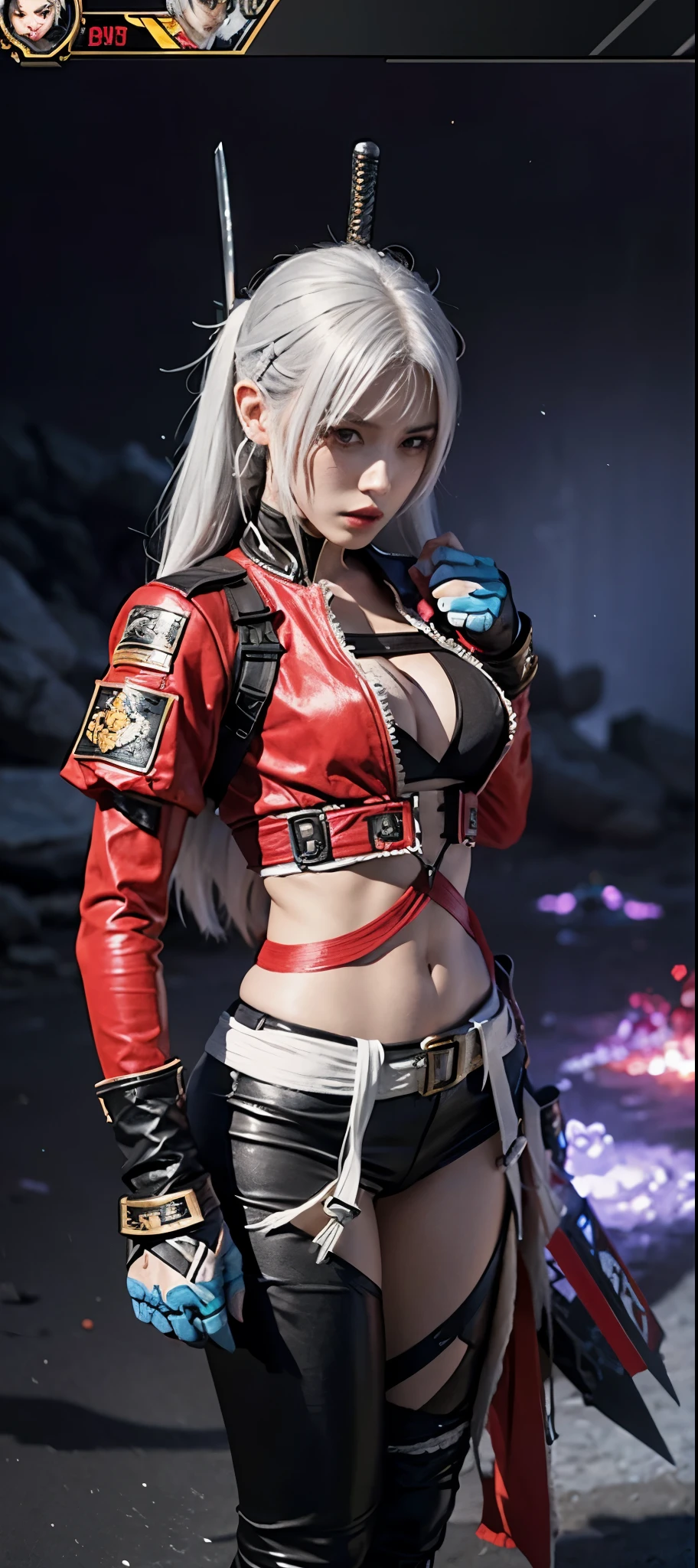 a close up of a person in a costume with a sword, as a character in tekken, female character, tifa lockhart with white hair, katana zero video game character, lunar themed attire, kda, slim body, cyborg - girl with silver hair, upper body avatar, fashion gameplay screenshot, fighting game character, new character, floralpunk elysian maiden, sigma female