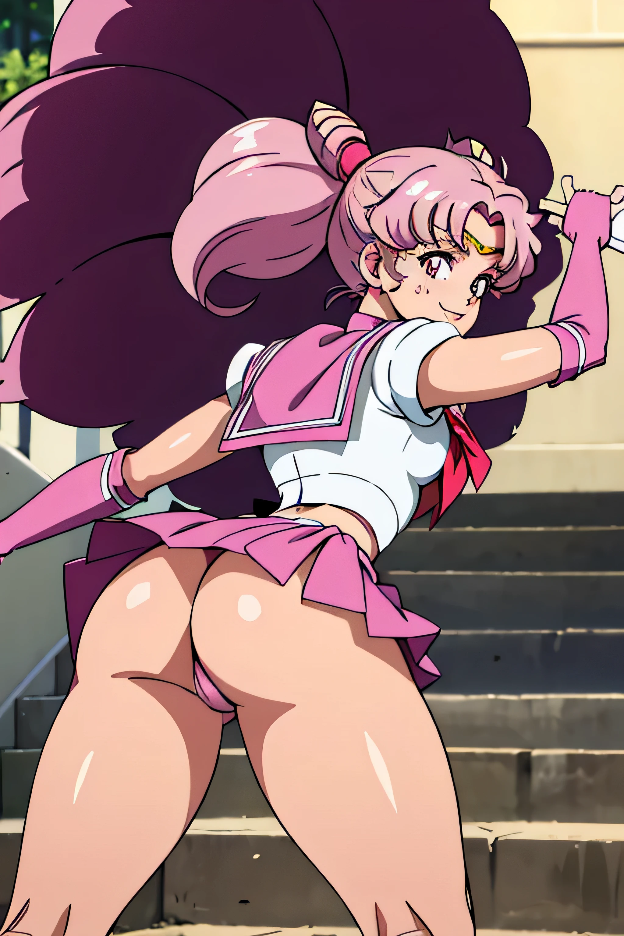 obra maestra, Mejor calidad, absurdos, perfect anatomy, 1 girl, Solo, SMMoon, adolescente, 1990s \(Estilo\), Sailor Chibi Luna Cabello Rosa, pupilas rosadas ojos, subir las escaleras, de cerca, Sonrisa, tiro de vaquero, Uniforme Sailor Senshi Rosa, Collar marinero rosa, falda plisada rosa, guantes de codo, en postura de espalda, Show off your loot, backward, No hay tanga en un gran trasero, cuerpo completo, aausagi, de cerca booty (falda levantada por el viento, Exponiendo su) (cara de alto detalle)