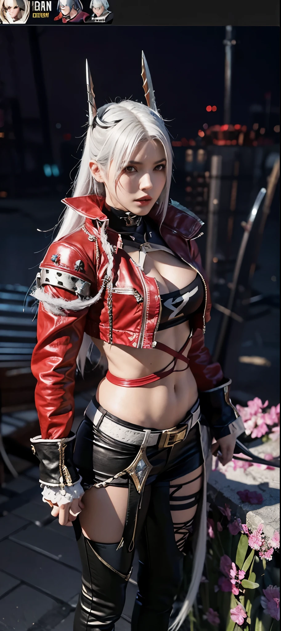 a close up of a person in a costume with a sword, as a character in tekken, female character, tifa lockhart with white hair, katana zero video game character, lunar themed attire, kda, slim body, cyborg - girl with silver hair, upper body avatar, fashion gameplay screenshot, fighting game character, new character, floralpunk elysian maiden, sigma female