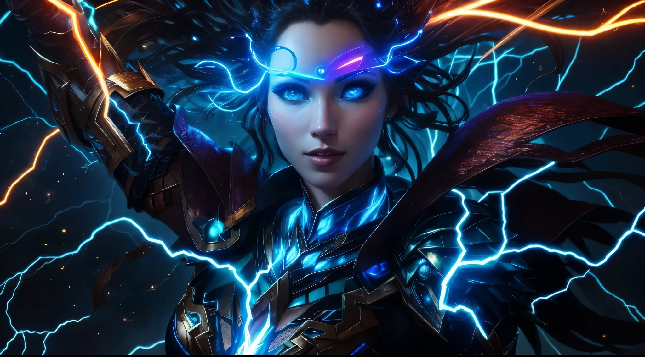 closeup of an electromancer, path of exile elementalist, woman in front of a bunch of lightning with a lightning bolt in her chest, menacing look, goddess of lightning, goddess of thunder, thunderbolts