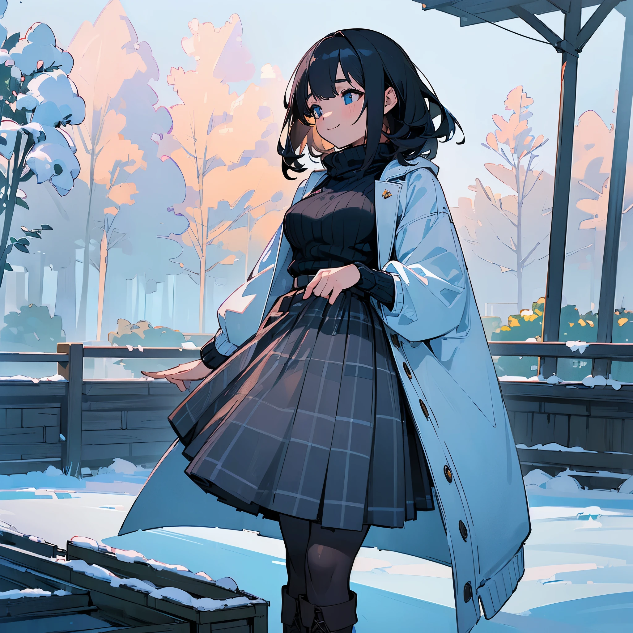 (high quality, high resolution, Super detailed, Reality:1.37), peaceful atmosphere, (outdoor, garden ,snow), Teenage girl standing alone, (My breasts are big.), Beautiful detailed features, cute smile, (black bob hair), ribbed sweater, blue plaid skirt, Black tights, brown boots.