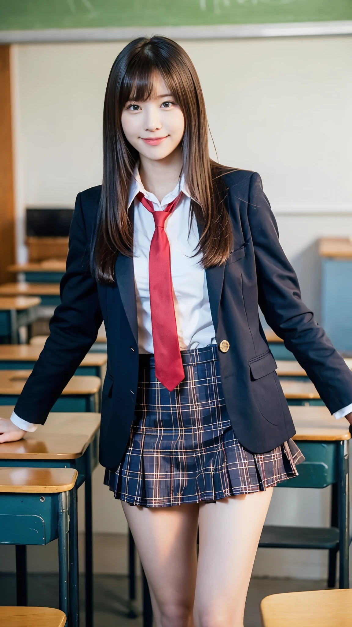 Stand in the classroom of school2girl girl,Red Tie Uniform,Dark Blue Closed Blazer,blue plaid miniskirt,18-year-old,bangs,a little smile,thighs,knees,from below,random pose,pretty girl,slender girl,