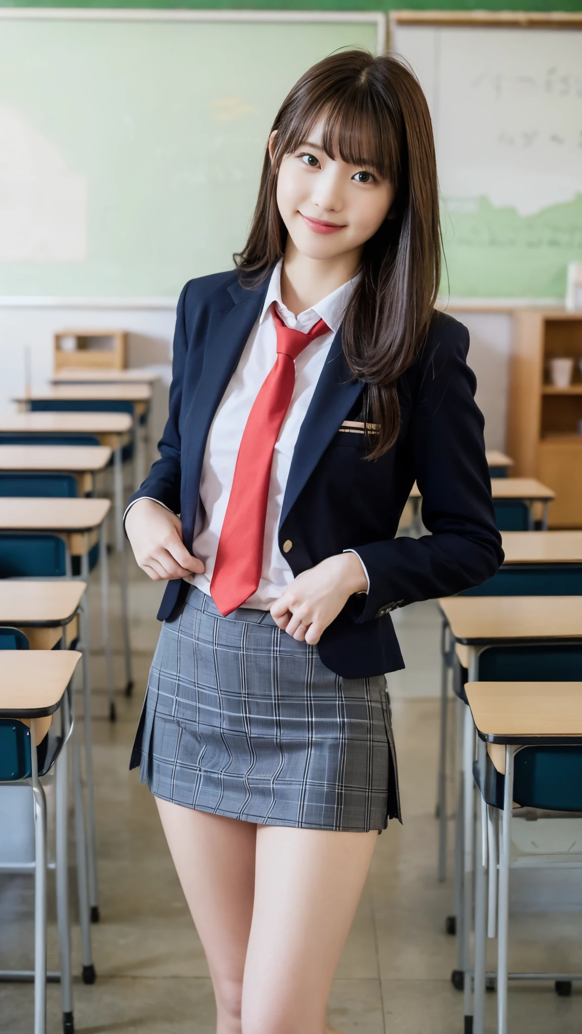 Stand in the classroom of school２girl girl,Red Tie Uniform,Dark Blue Closed Blazer,blue plaid miniskirt,18-year-old,bangs,a little smile,thighs,knees,from below，random pose，pretty girl，slender girl，