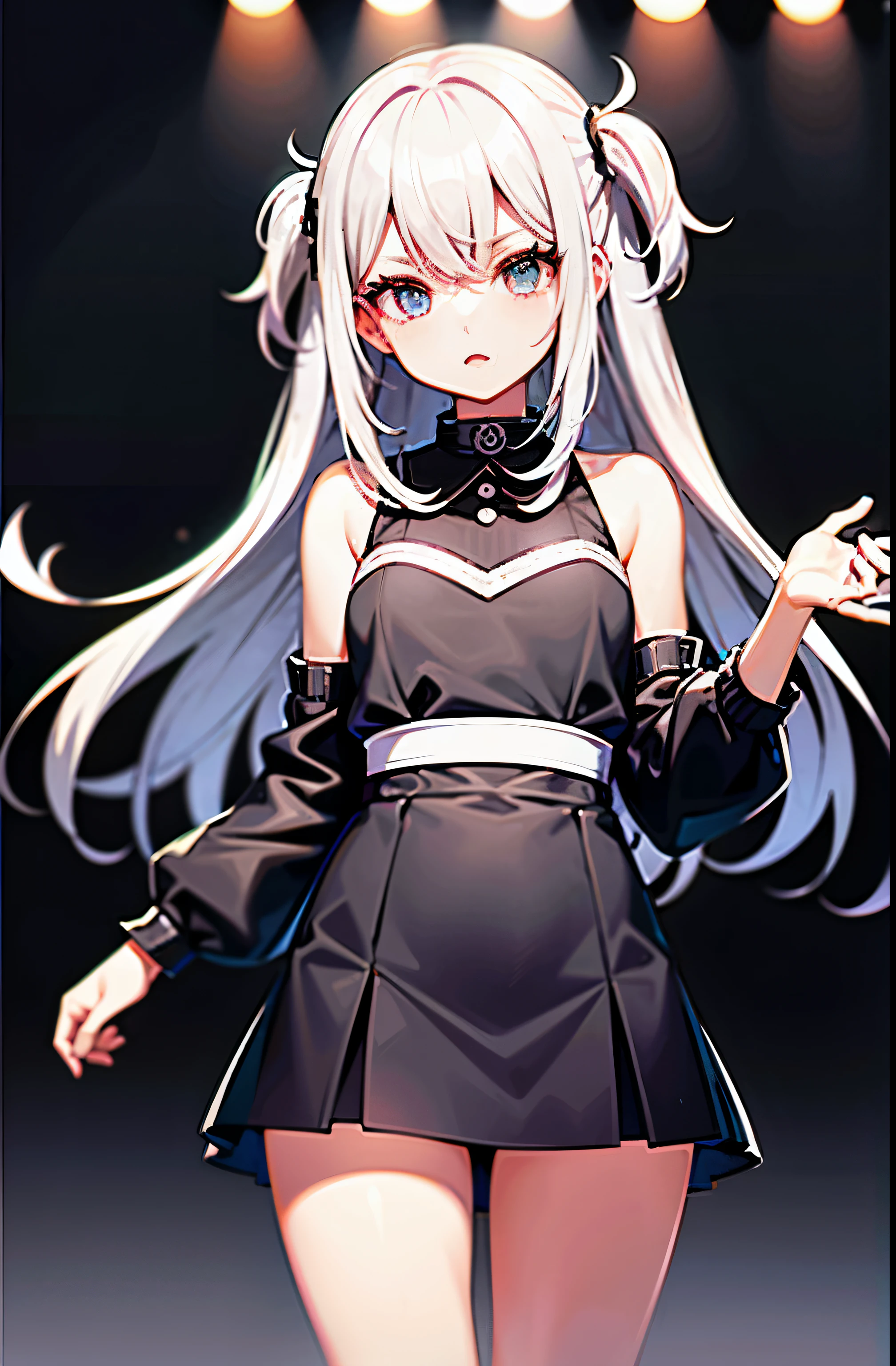 best qualtiy,超高分辨率,1girl,Black collar,adolable,(Kpop idol),(aegyo sal:1),(Platinum blonde hair:1),((puffy eye)),It looks like in front of the audience,full bodyesbian,facing the front there,Black panty,sexyposture,Superskirt