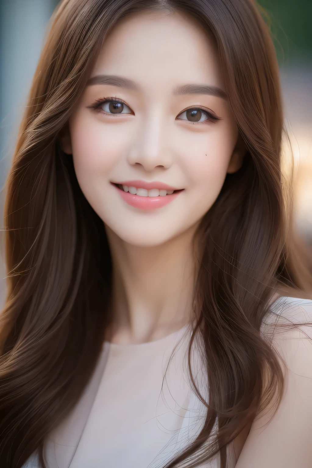 ((highest quality, 8K, masterpiece :1.3)), 1 girl, smile, whole body, slim face, Beautiful woman, (dark brown hair), full length dress :1.1, super detailed face, fine eyes, double eyelid, blur background, slim face, city, outside, street,
