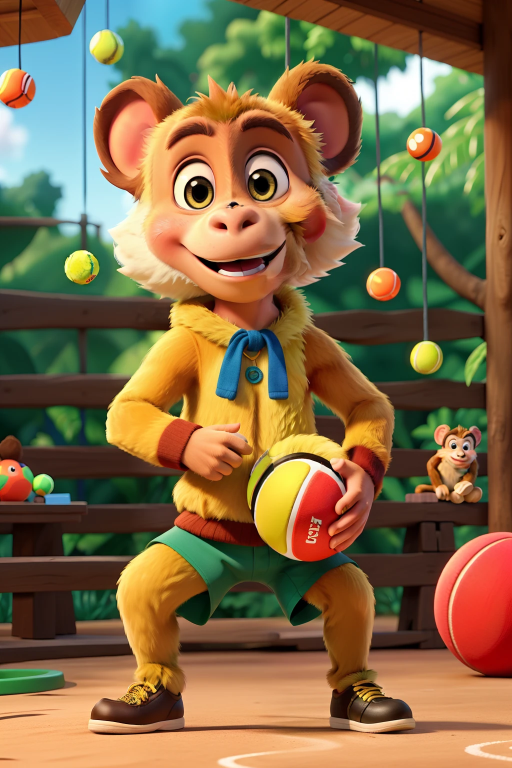 Monkey playing with a ball:
A lively macaco delightfully swings a tennis ball between its paws, its expressive face etched with joy as it prepares to make another thrown. With its twinkling, round eyes, and fluffy, golden fur, this monkey is sure to put a smile on anyone's face. In the background, the vibrant colors of the rainforest canopy provide a stunning backdrop to this endearing playful scene.